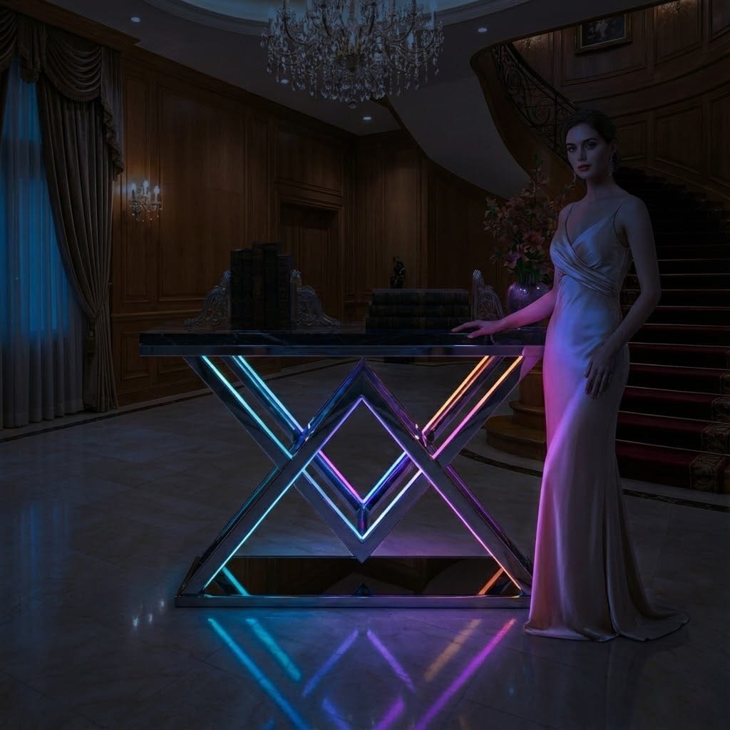 Designer Gold LED Console Table for Living Room Interiors