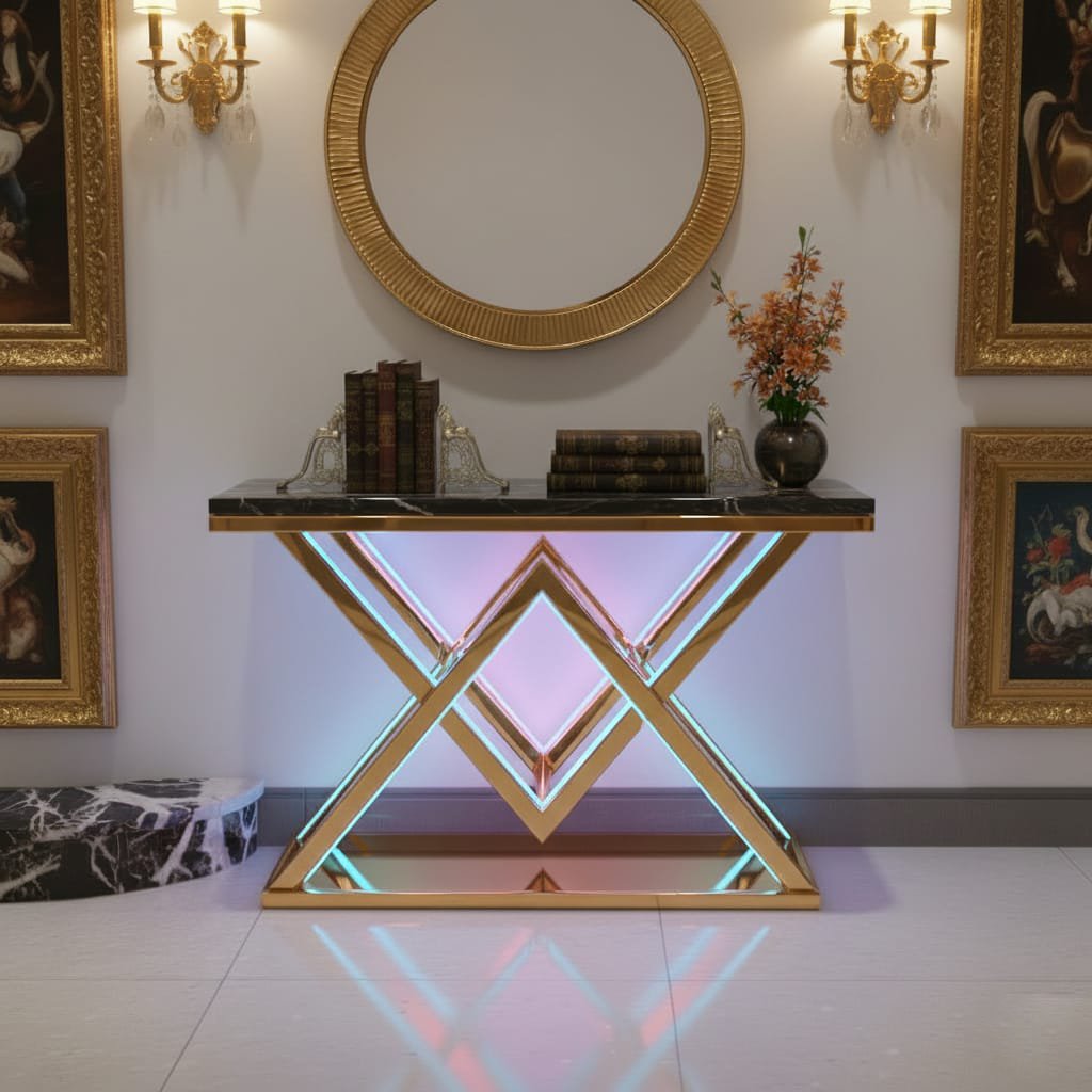 Designer Gold LED Console Table for Living Room Interiors