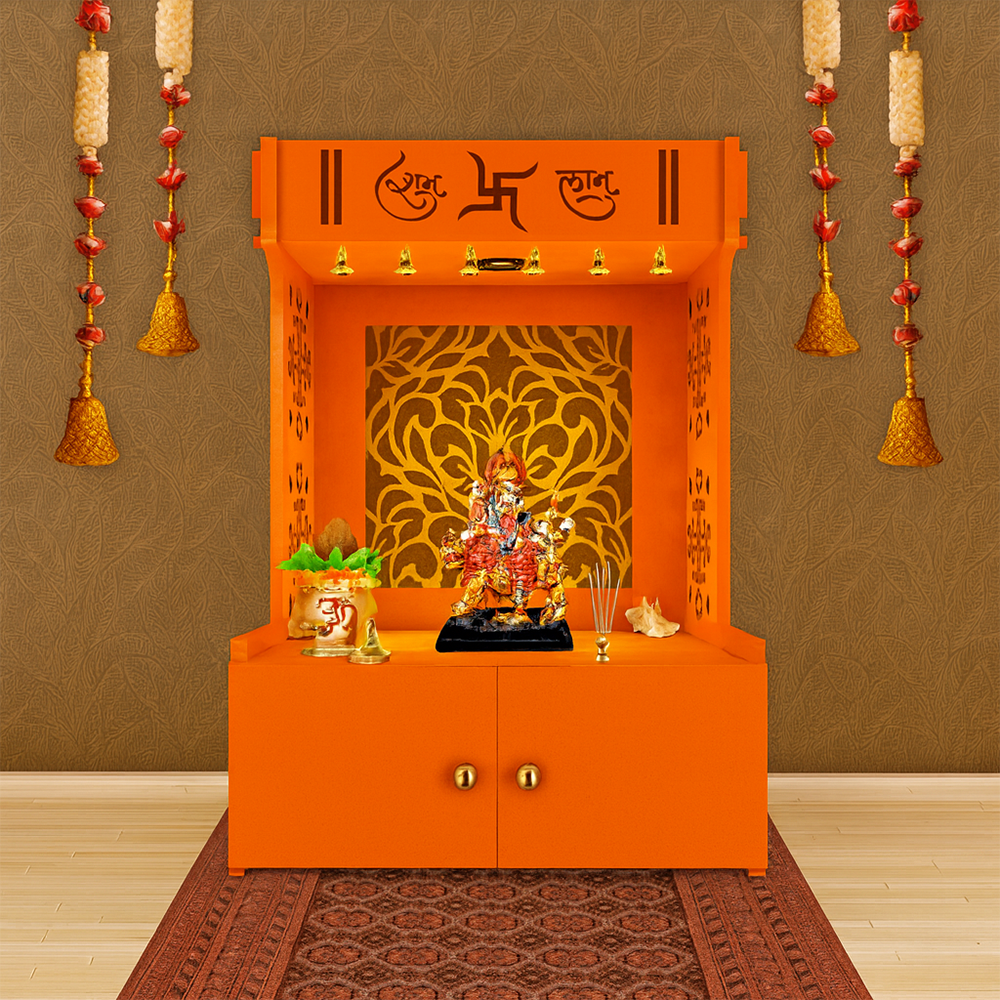 Designer Intricate Jali Design Pattern Floor Temple with Spacious Wooden Shelf & Inbuilt Focus Light- Bhagwa Finish