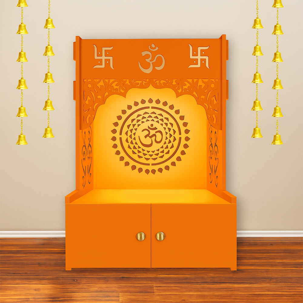 Designer Om Chakra Floor Temple with Spacious Wooden Shelf & Inbuilt Focus Light- Bhagwa Finish