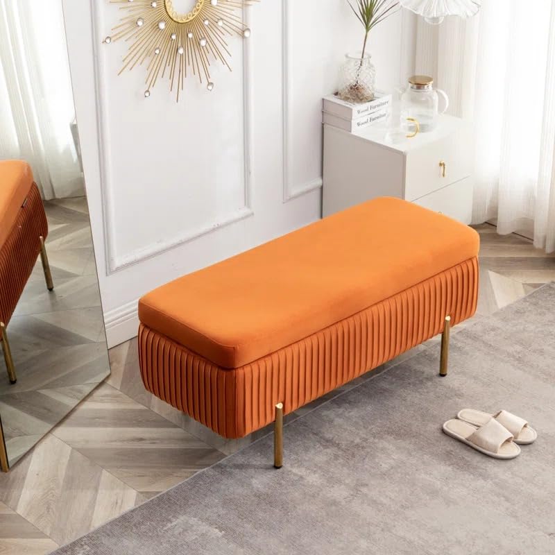 Designer Orange Velvet Bench with Smart Storage Ottoman