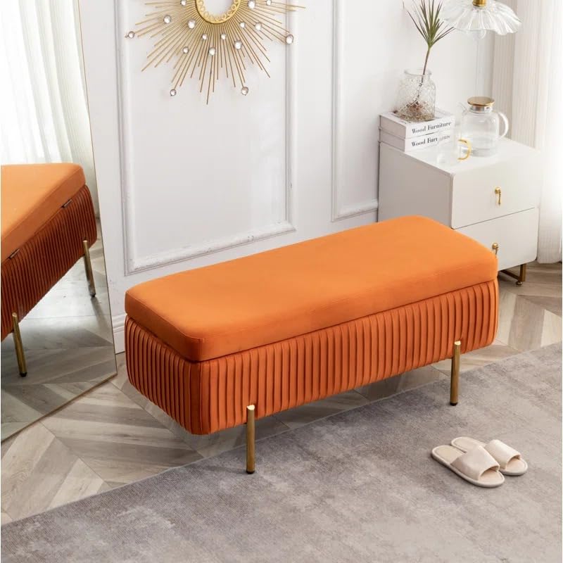 Designer Orange Velvet Bench with Smart Storage Ottoman