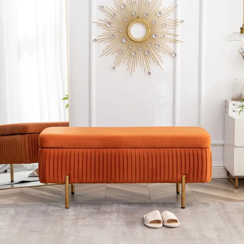 Designer Orange Velvet Bench with Smart Storage Ottoman