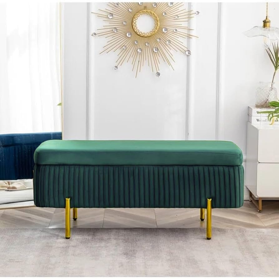 Designer Rich Green Velvet Bench with Smart Storage Ottoman