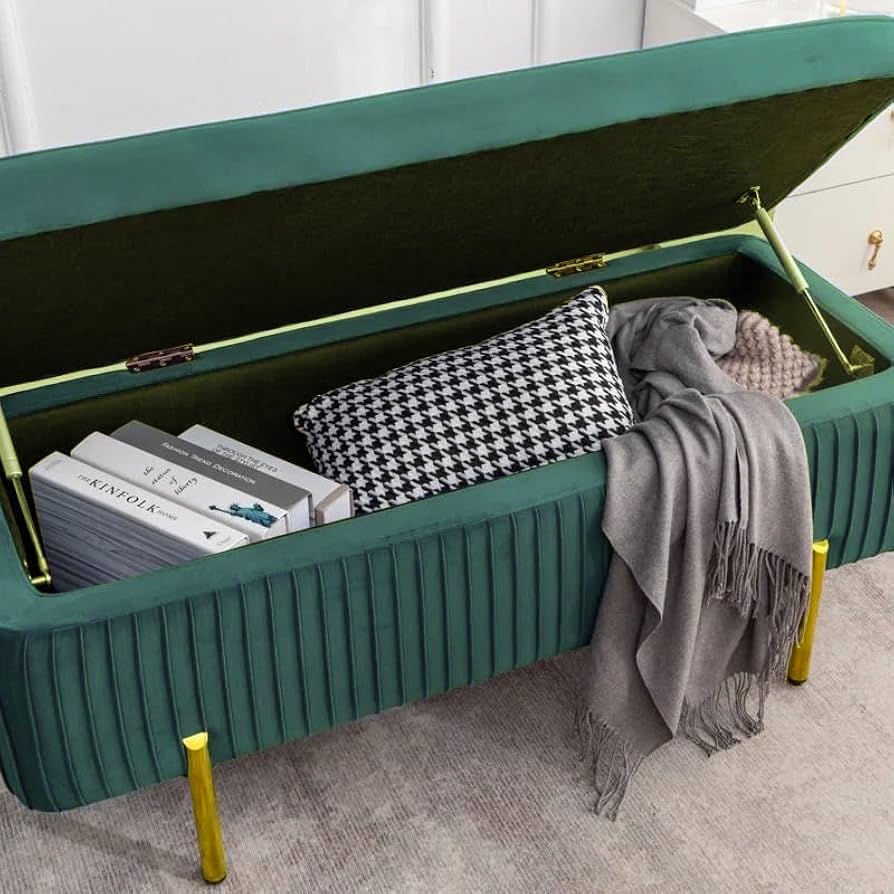 Designer Rich Green Velvet Bench with Smart Storage Ottoman