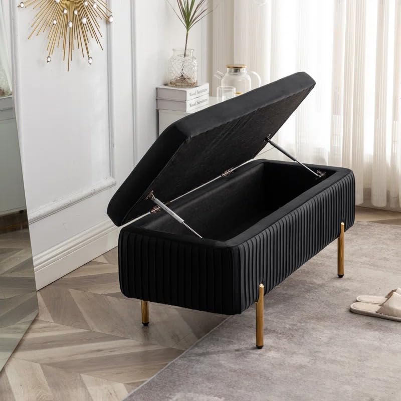 Designer Royal Black Velvet Bench with Smart Storage Ottoman