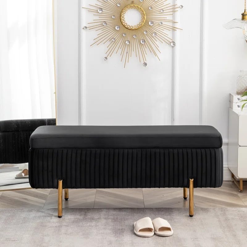 Designer Royal Black Velvet Bench with Smart Storage Ottoman