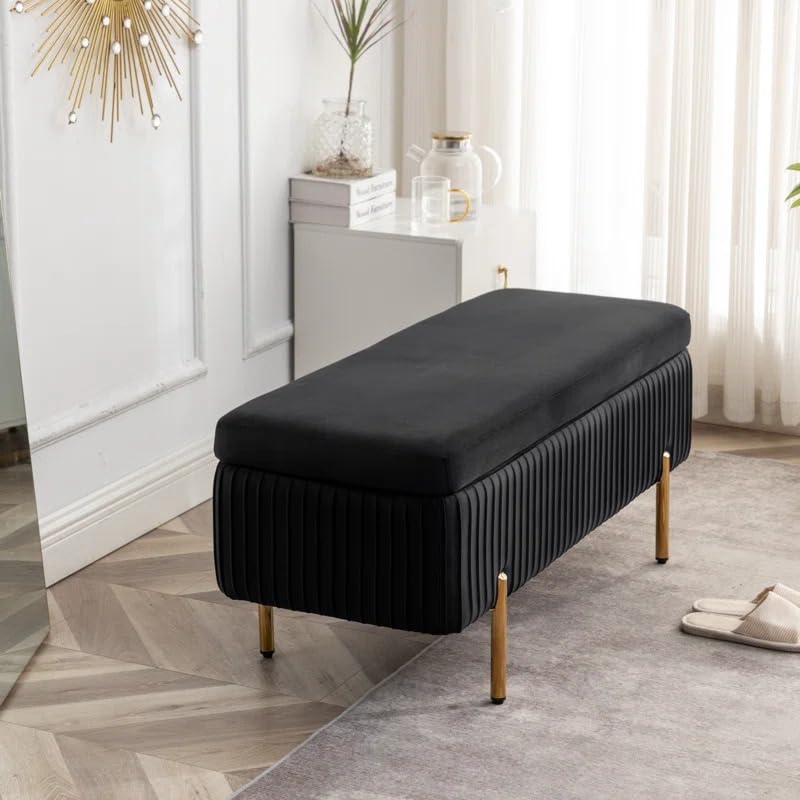 Designer Royal Black Velvet Bench with Smart Storage Ottoman