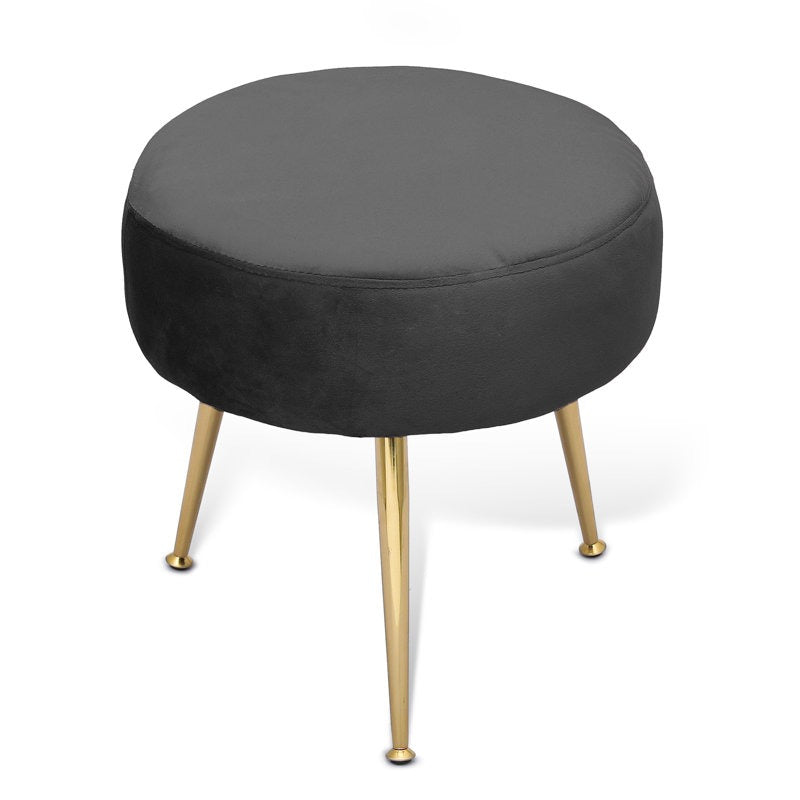 Designer Royal Black Velvet Vanity Seat with Sturdy Golden Legs