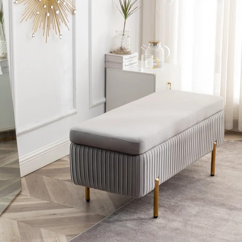 Designer Rich Grey Velvet Bench with Smart Storage Ottoman
