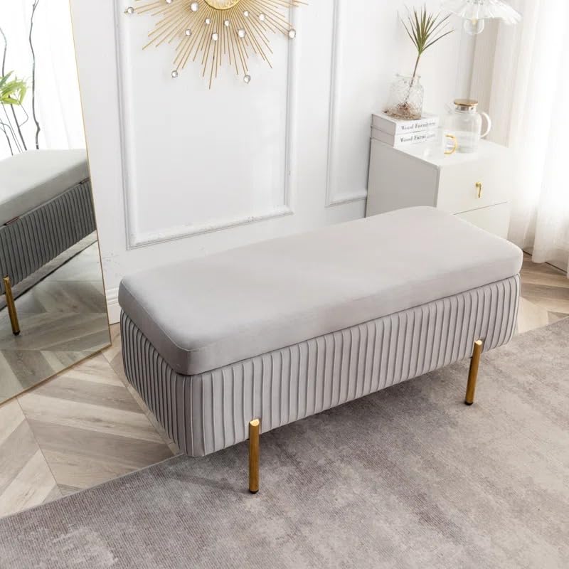 Designer Rich Grey Velvet Bench with Smart Storage Ottoman