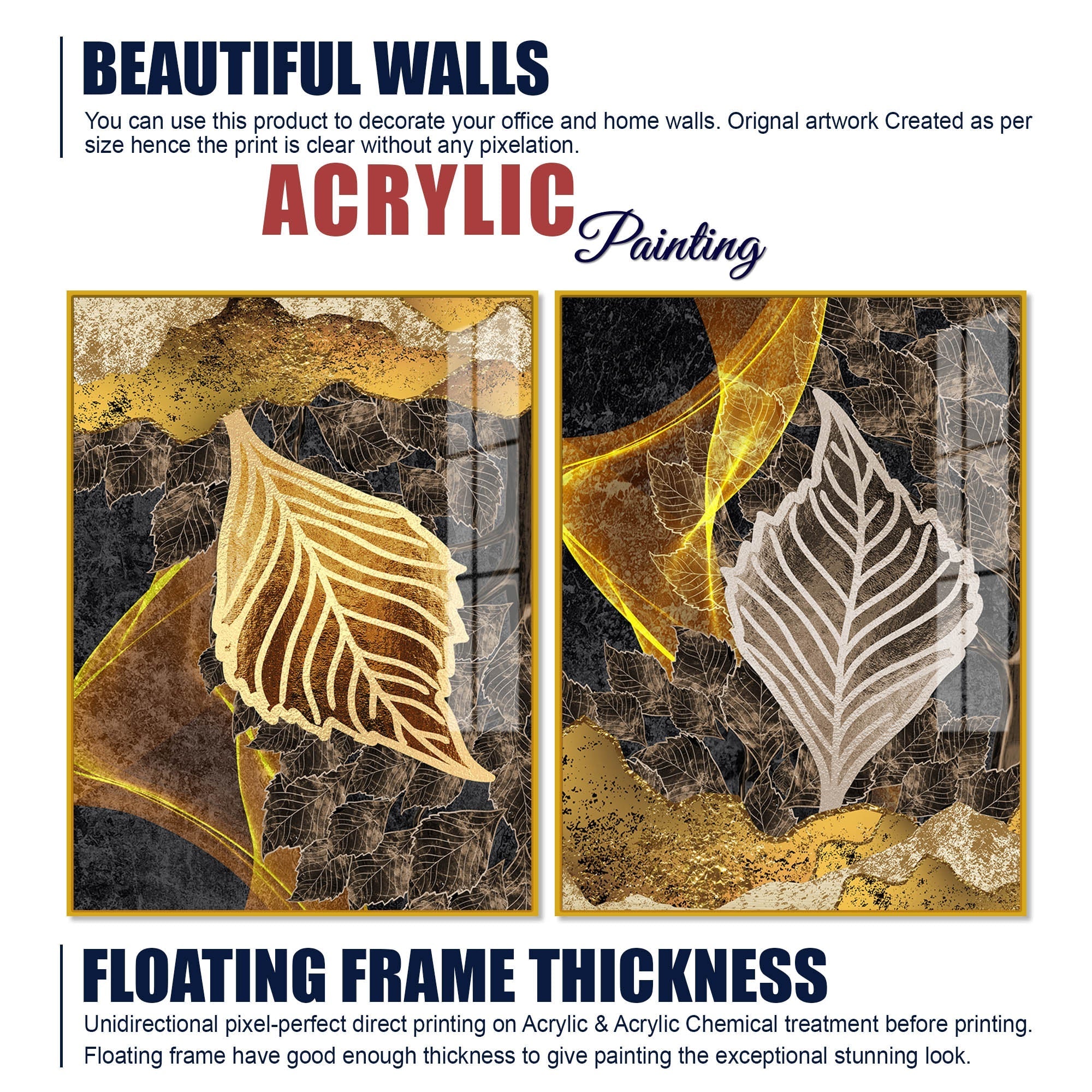 Detailed Leaves Pattern Acrylic Floating Wall Painting Set of 2