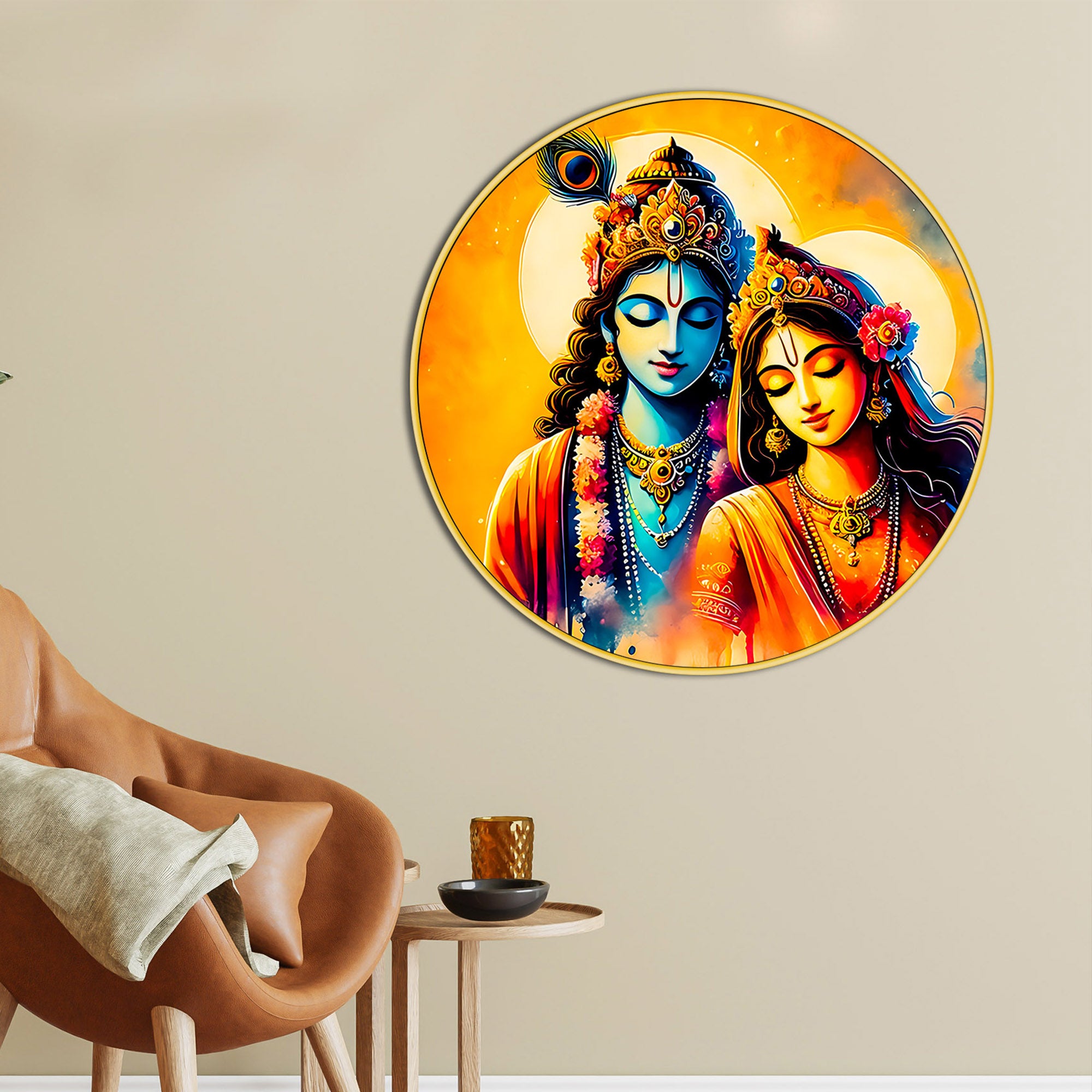 Devotional Lord Radha Krishna Round Painting for Home