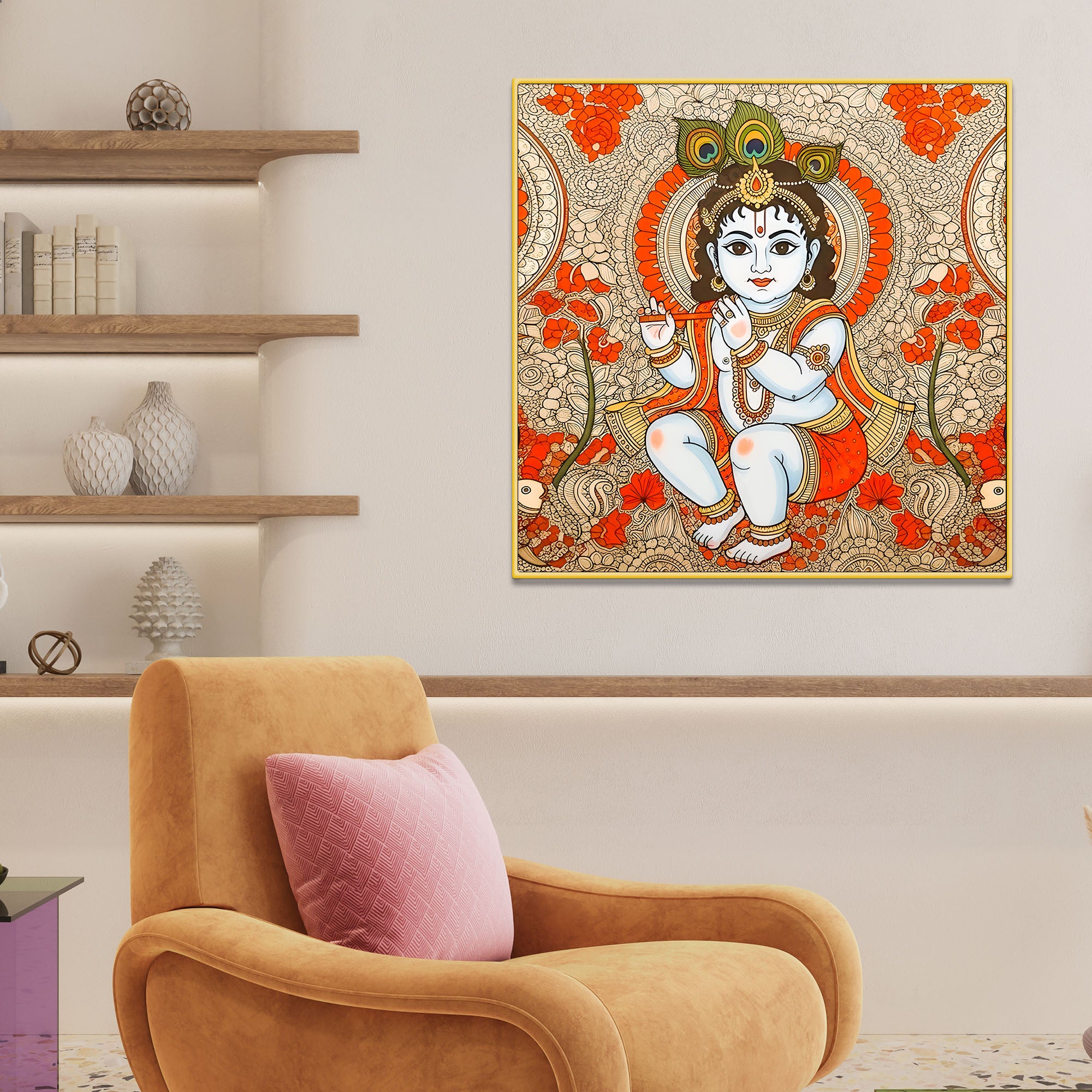 Divine Bal Gopal Shri Krishnaji Madhubani Modern Wall Art Canvas Painting for Home & Office
