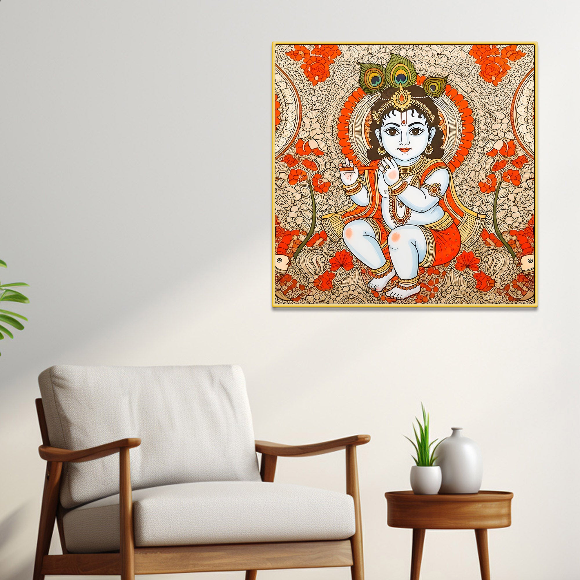 Divine Bal Gopal Shri Krishnaji Madhubani Modern Wall Art Canvas Painting for Home & Office