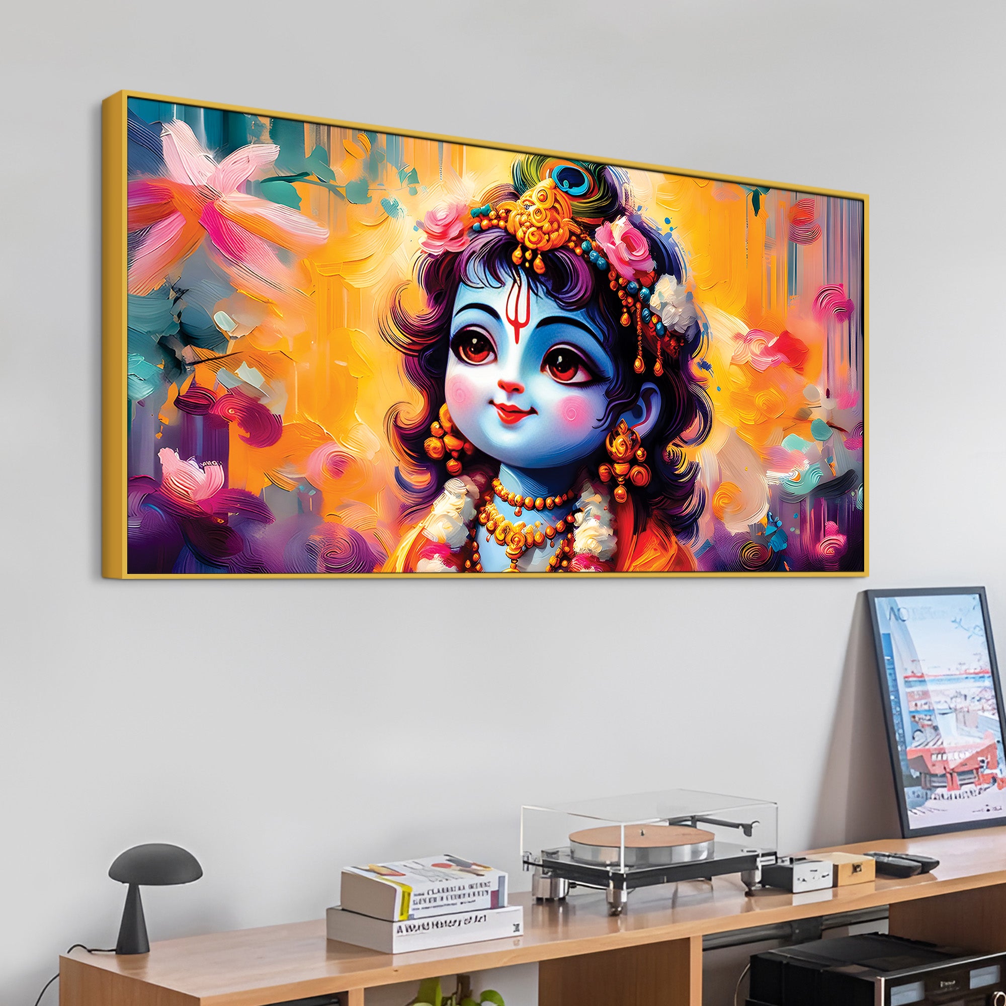 Divine Bal Krishna Floral Background Painting