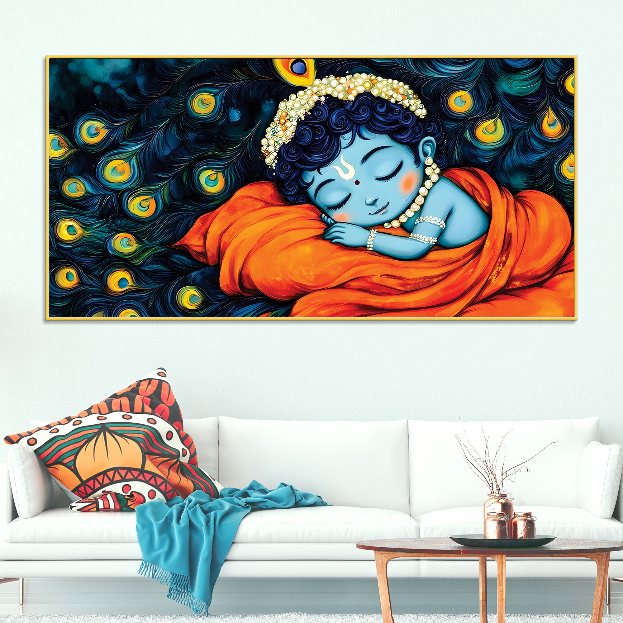 Divine Bal Krishna Sleeping Painting with Peacock Feather Art