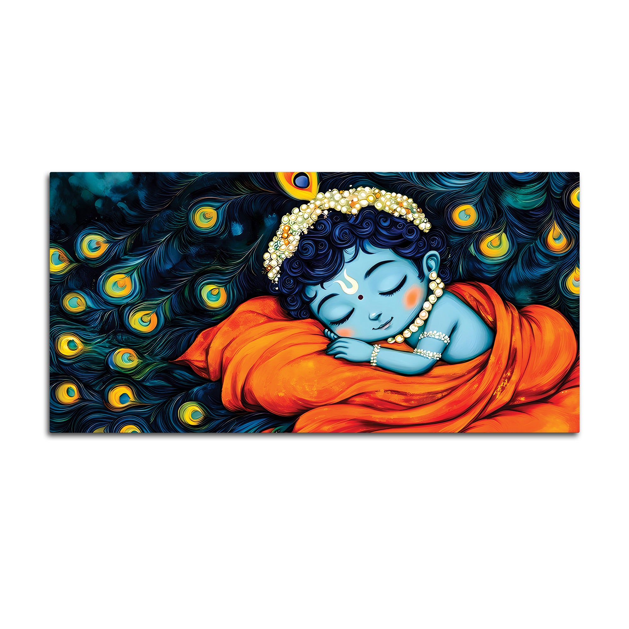 Divine Bal Krishna Sleeping Painting with Peacock Feather Art