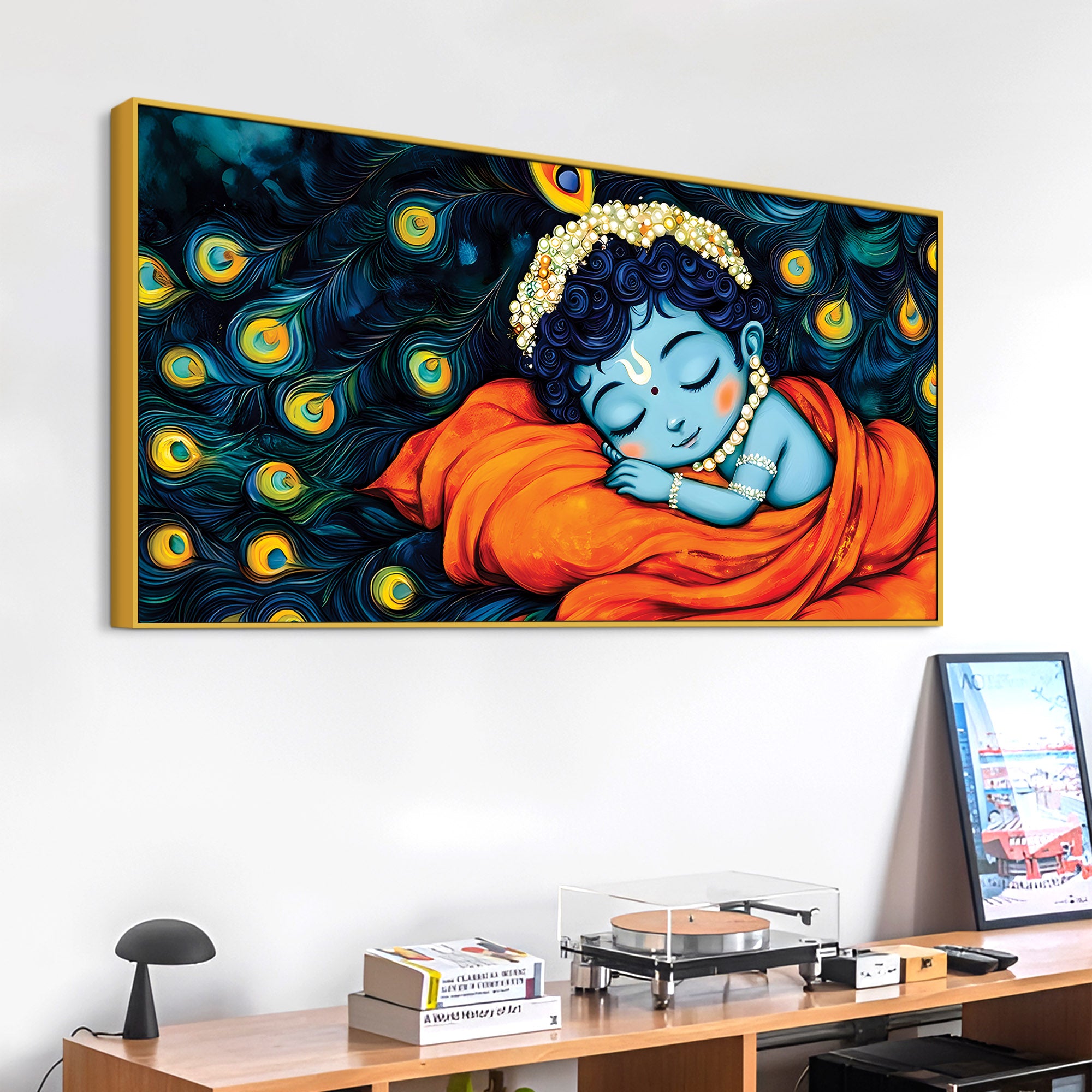 Divine Bal Krishna Sleeping Painting with Peacock Feather Art