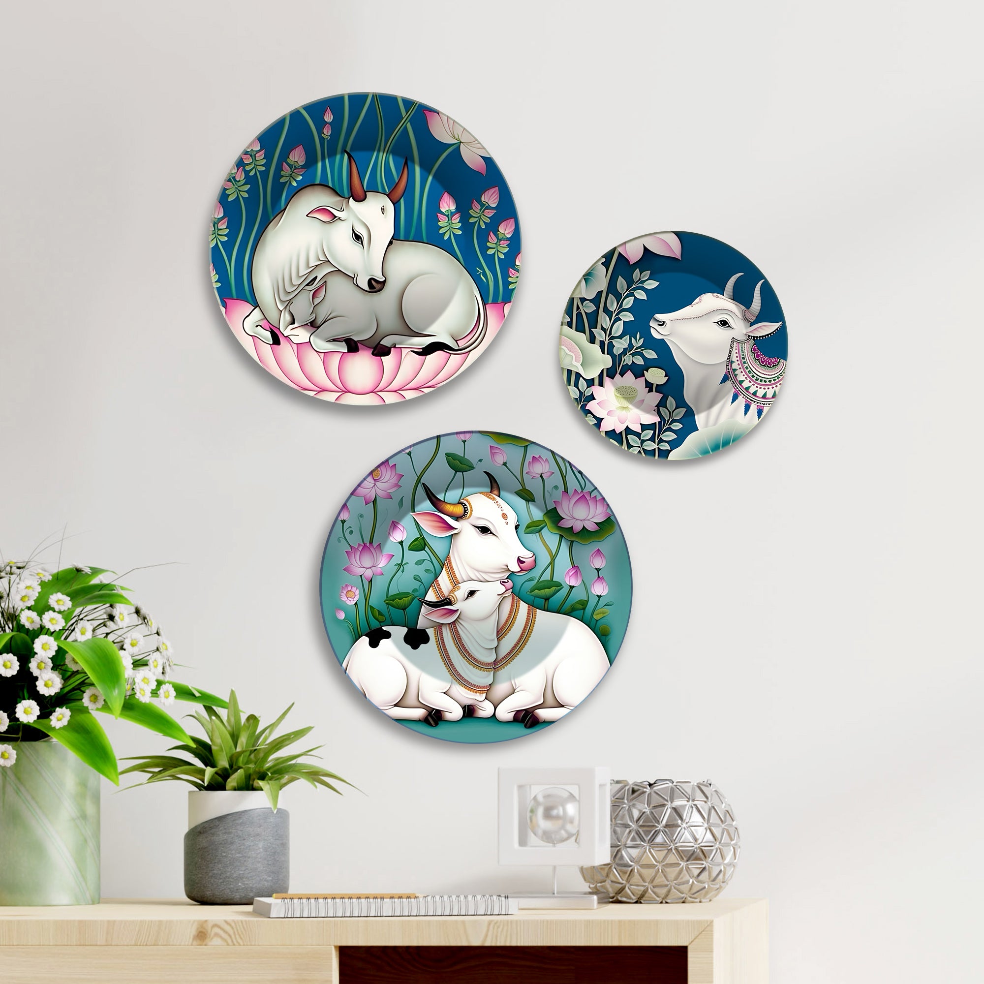 Divine Cow Motifs Lotus & Grace Premium Wall Plates Painting Set of 3