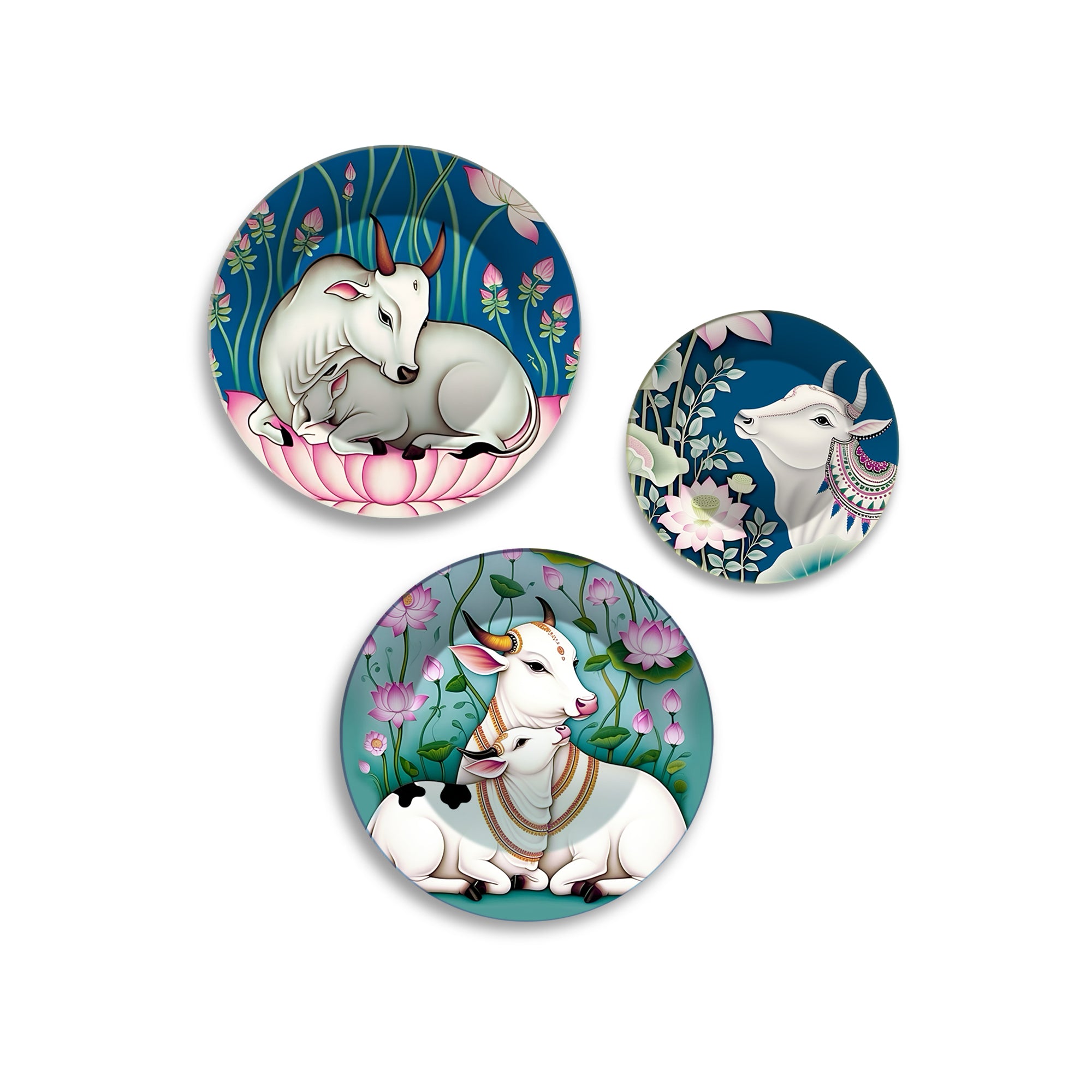 Divine Cow Motifs Lotus & Grace Premium Wall Plates Painting Set of 3