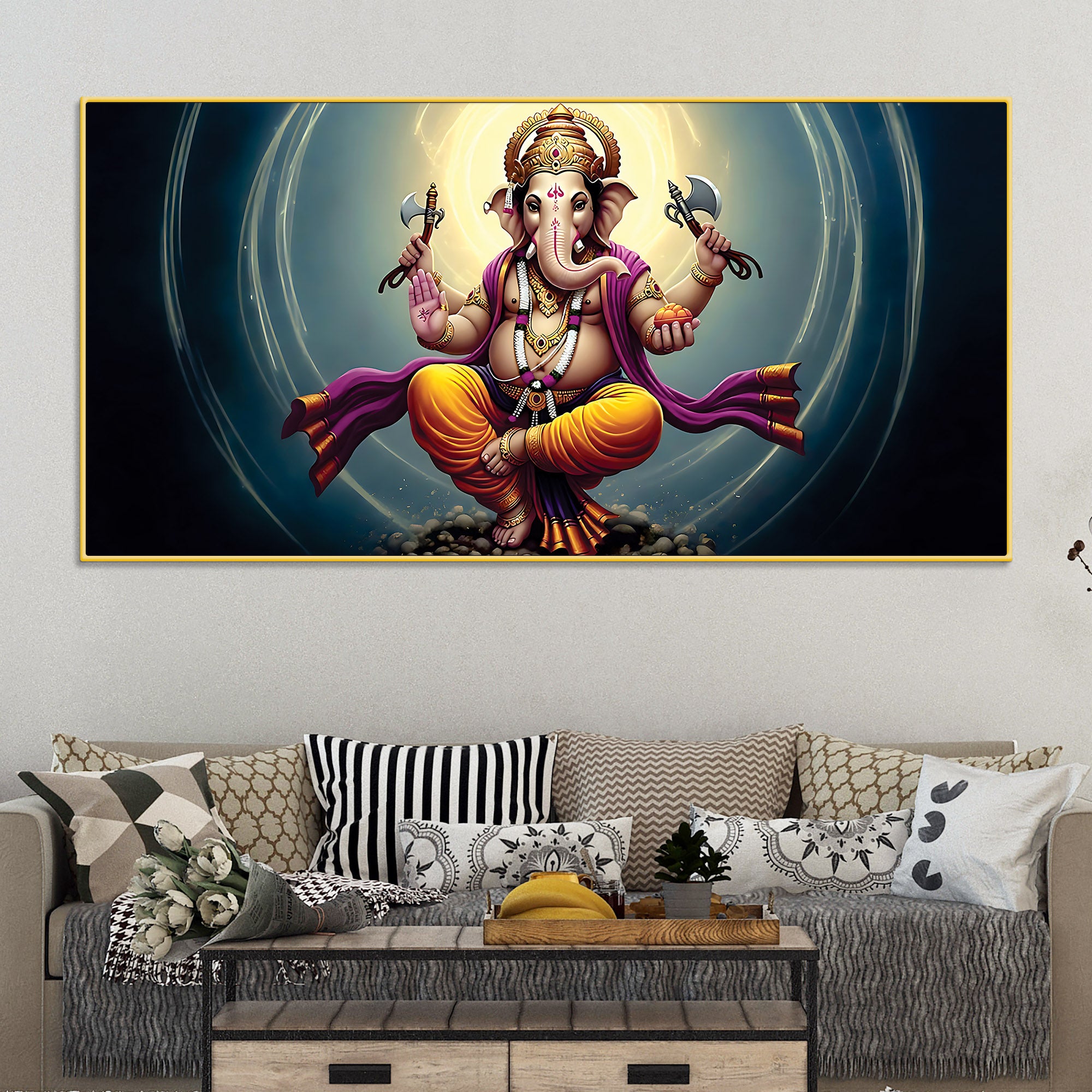 Divine Dancing Vighnaharta Ganpati Bappa Canvas Wall Painting for Home & Pooja Spaces – Modern Religious Wall Decor