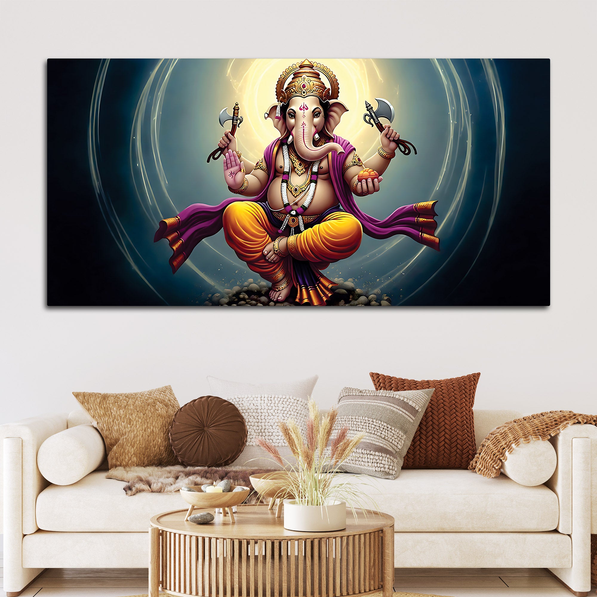 Divine Dancing Vighnaharta Ganpati Bappa Canvas Wall Painting for Home & Pooja Spaces – Modern Religious Wall Decor