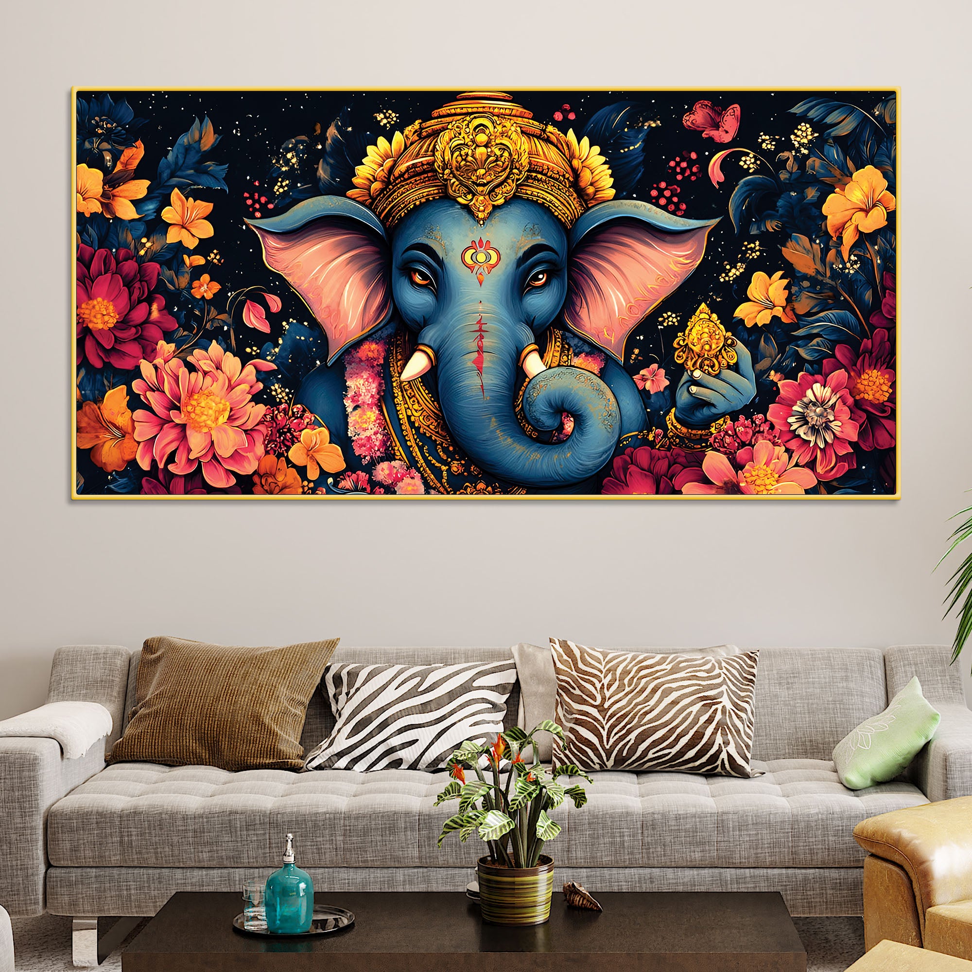 Divine Floral Majesty Lord Ganapati In Blossom Premium Canvas Wall Painting for Home & Office – Modern Devotional Wall Decor