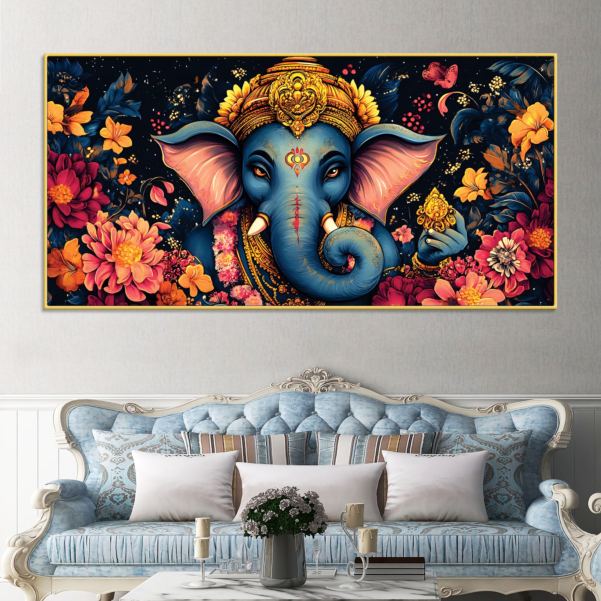 Divine Floral Majesty Lord Ganapati In Blossom Premium Canvas Wall Painting for Home & Office – Modern Devotional Wall Decor