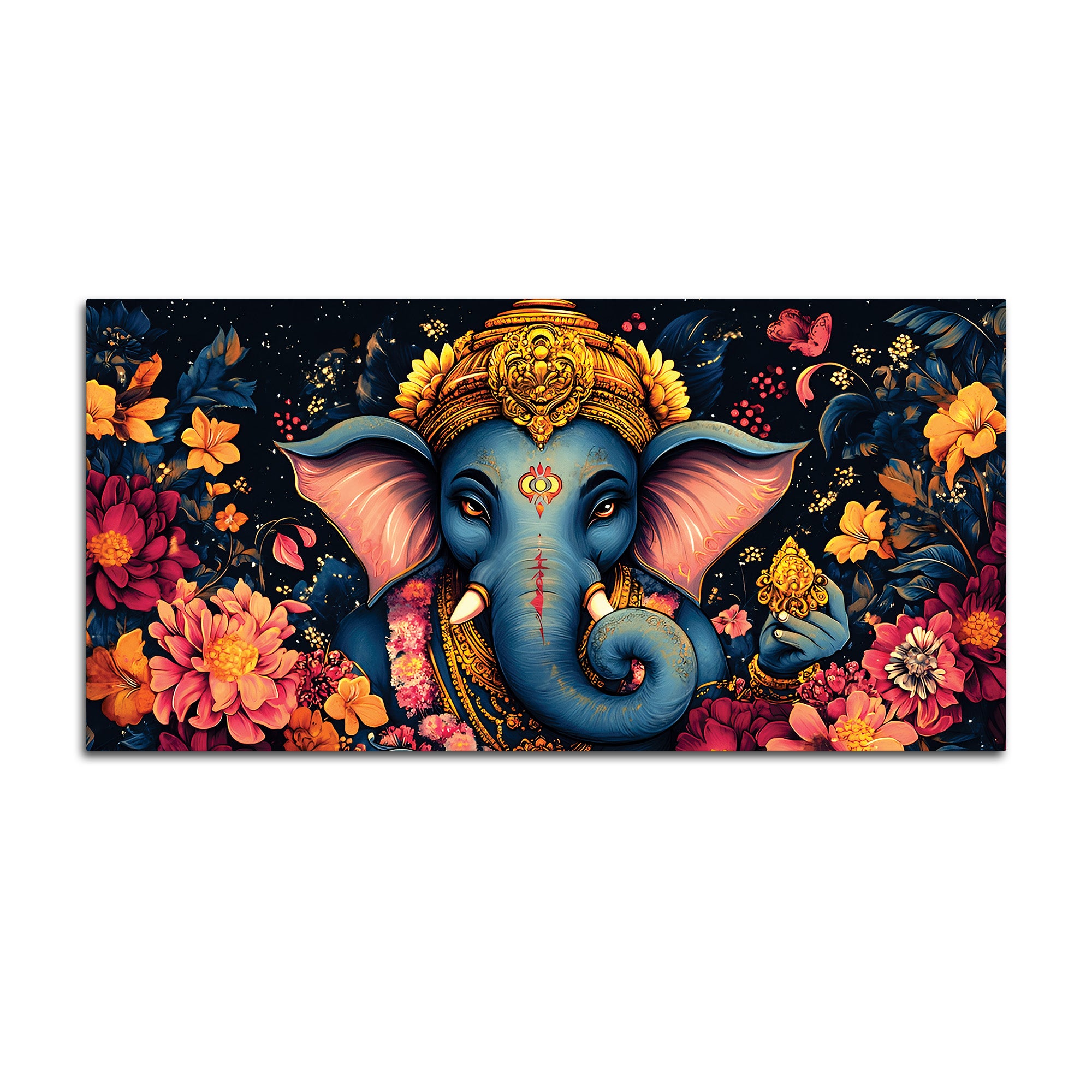 Divine Floral Majesty Lord Ganapati In Blossom Premium Canvas Wall Painting for Home & Office – Modern Devotional Wall Decor