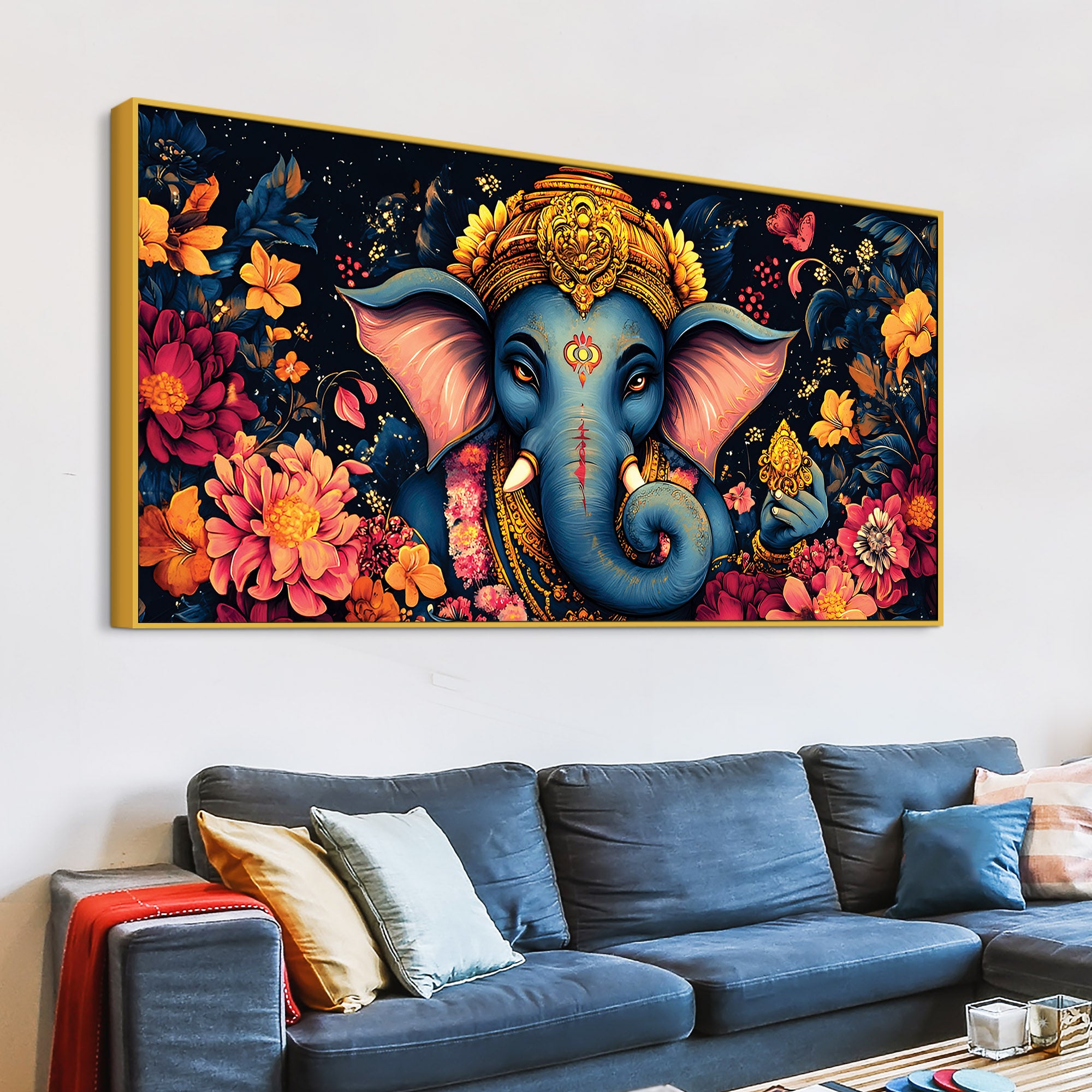 Divine Floral Majesty Lord Ganapati In Blossom Premium Canvas Wall Painting for Home & Office – Modern Devotional Wall Decor