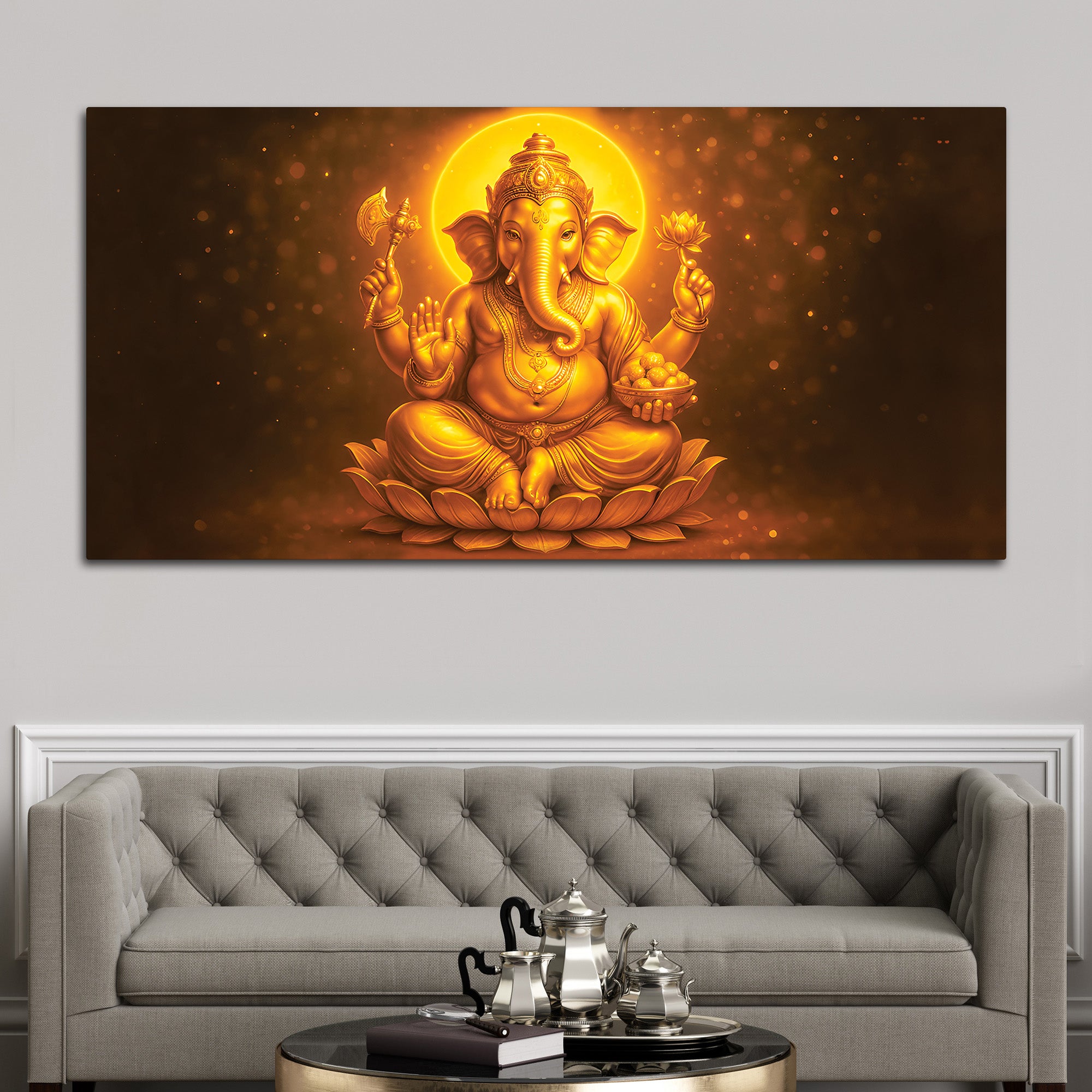 Divine Golden Ganpati Canvas Wall Painting for Home & Pooja Spaces – Modern Spiritual Wall Decor