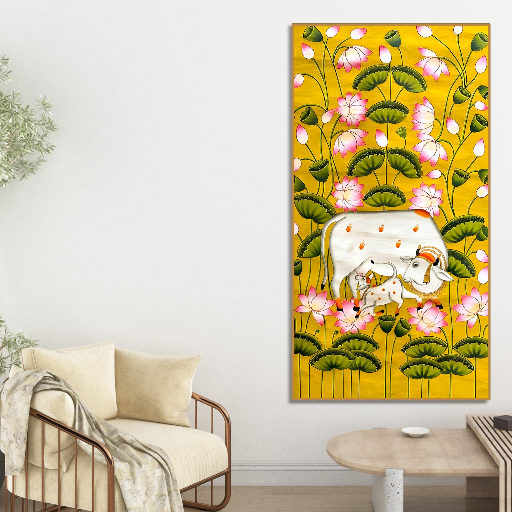 Divine Kamdhenu Cow Lotus Canvas Painting | Traditional Indian Wall Decor
