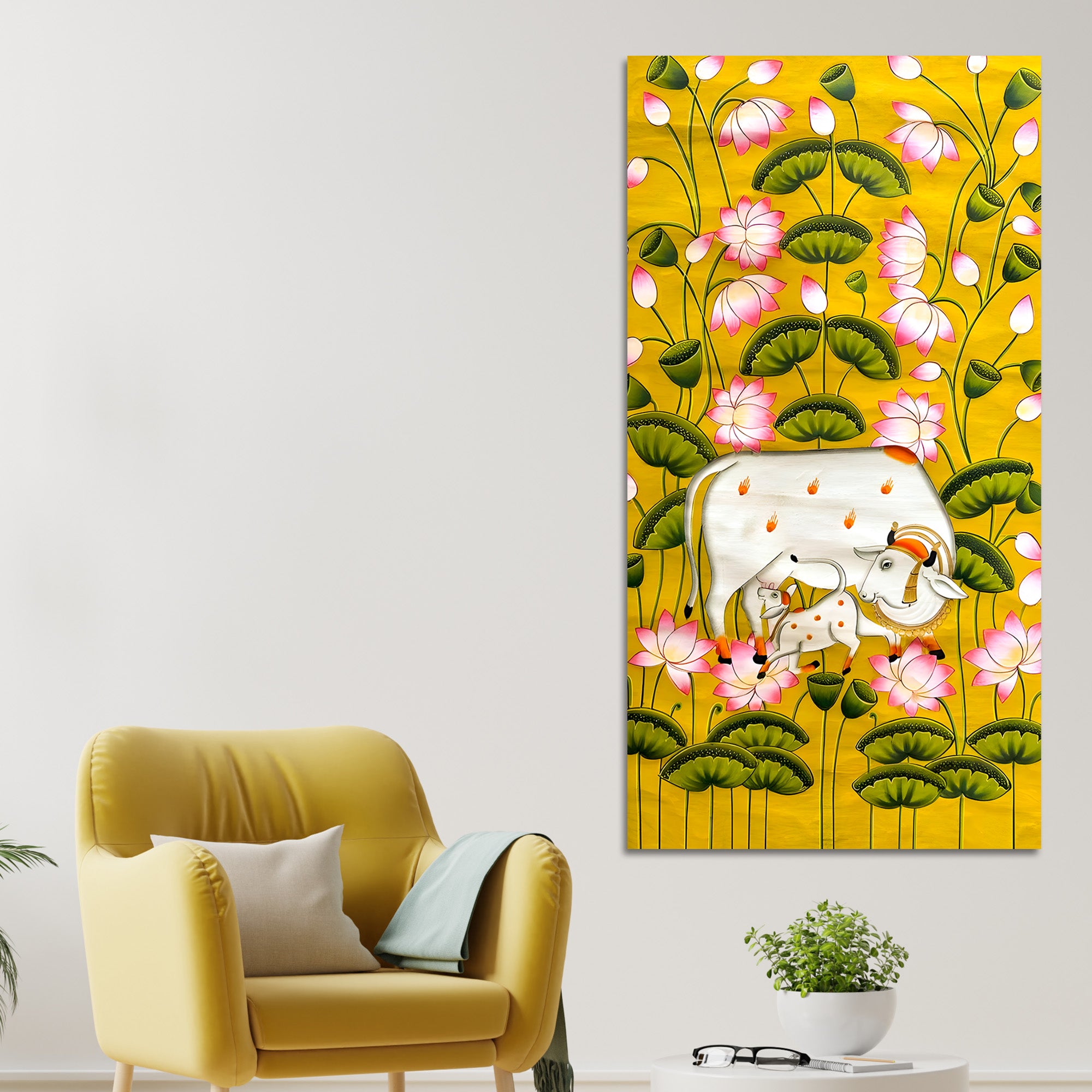 Divine Kamdhenu Cow Lotus Canvas Painting | Traditional Indian Wall Decor
