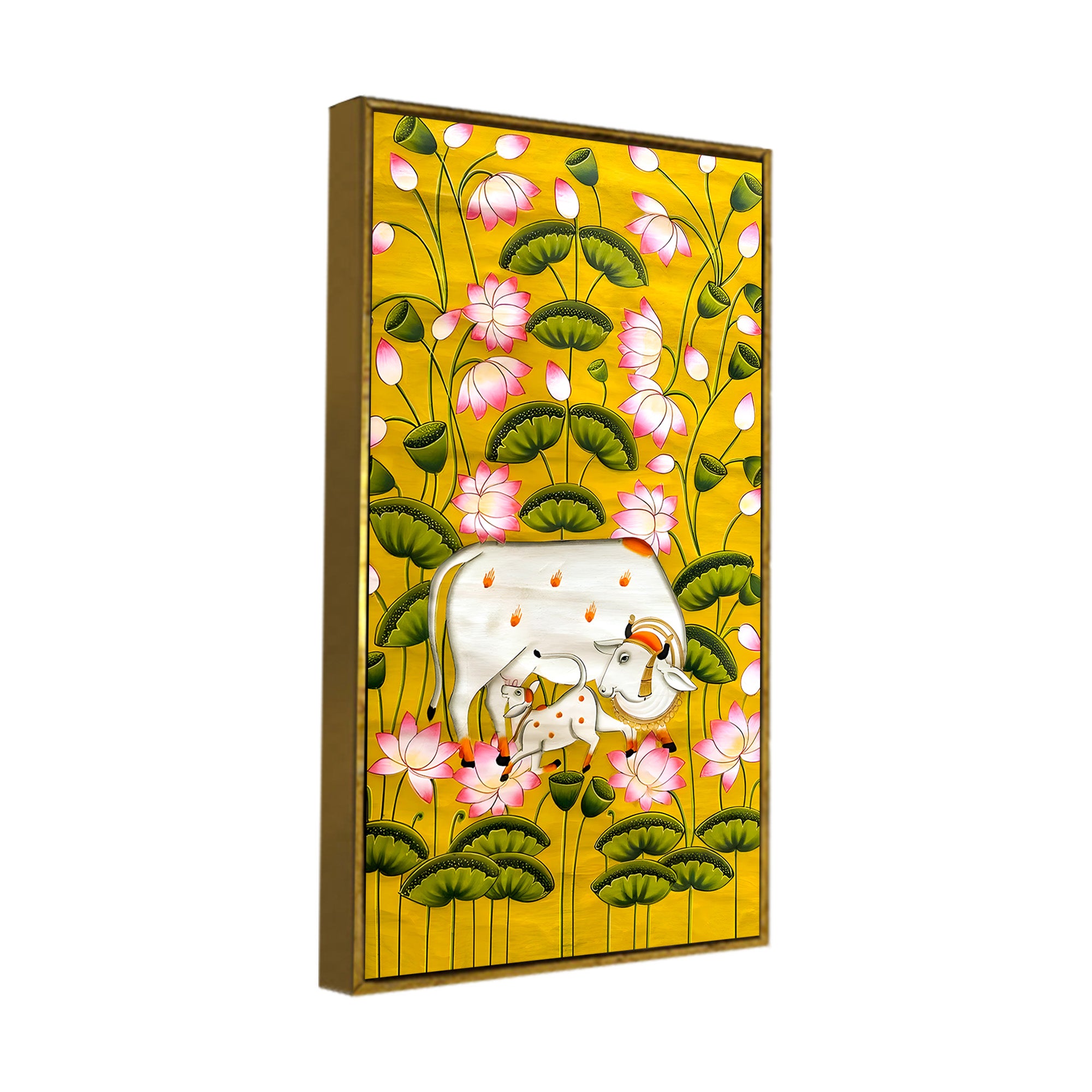 Divine Kamdhenu Cow Lotus Canvas Painting | Traditional Indian Wall Decor