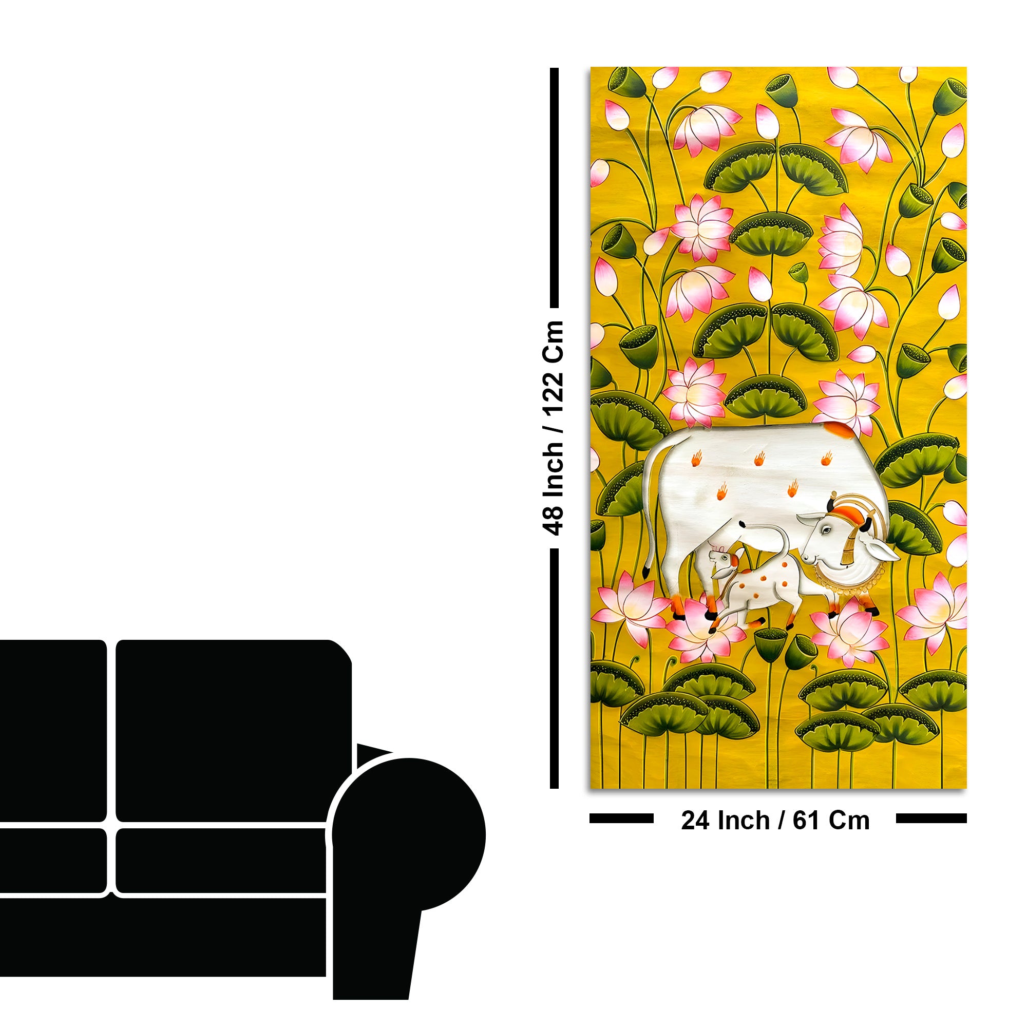 Divine Kamdhenu Cow Lotus Canvas Painting | Traditional Indian Wall Decor