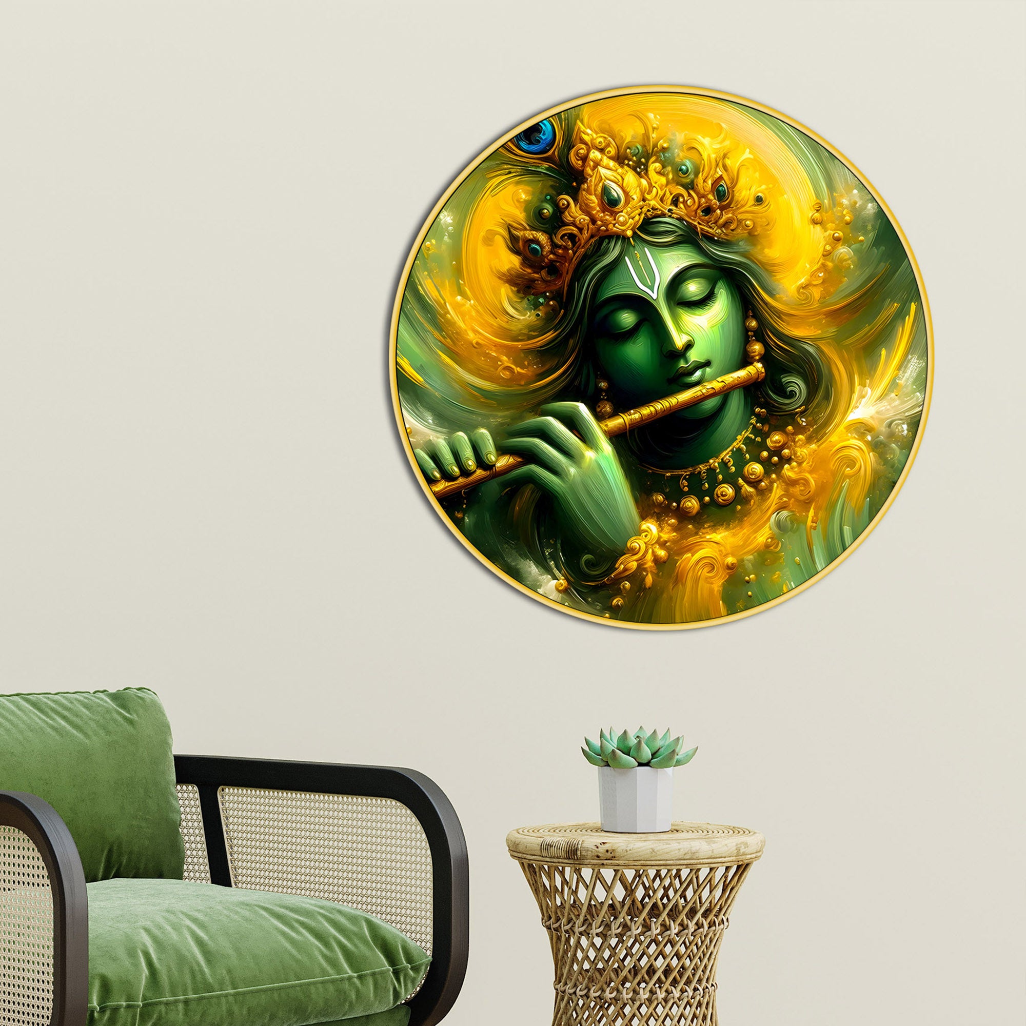 Divine Krishna Playing Music Round Wall Painting