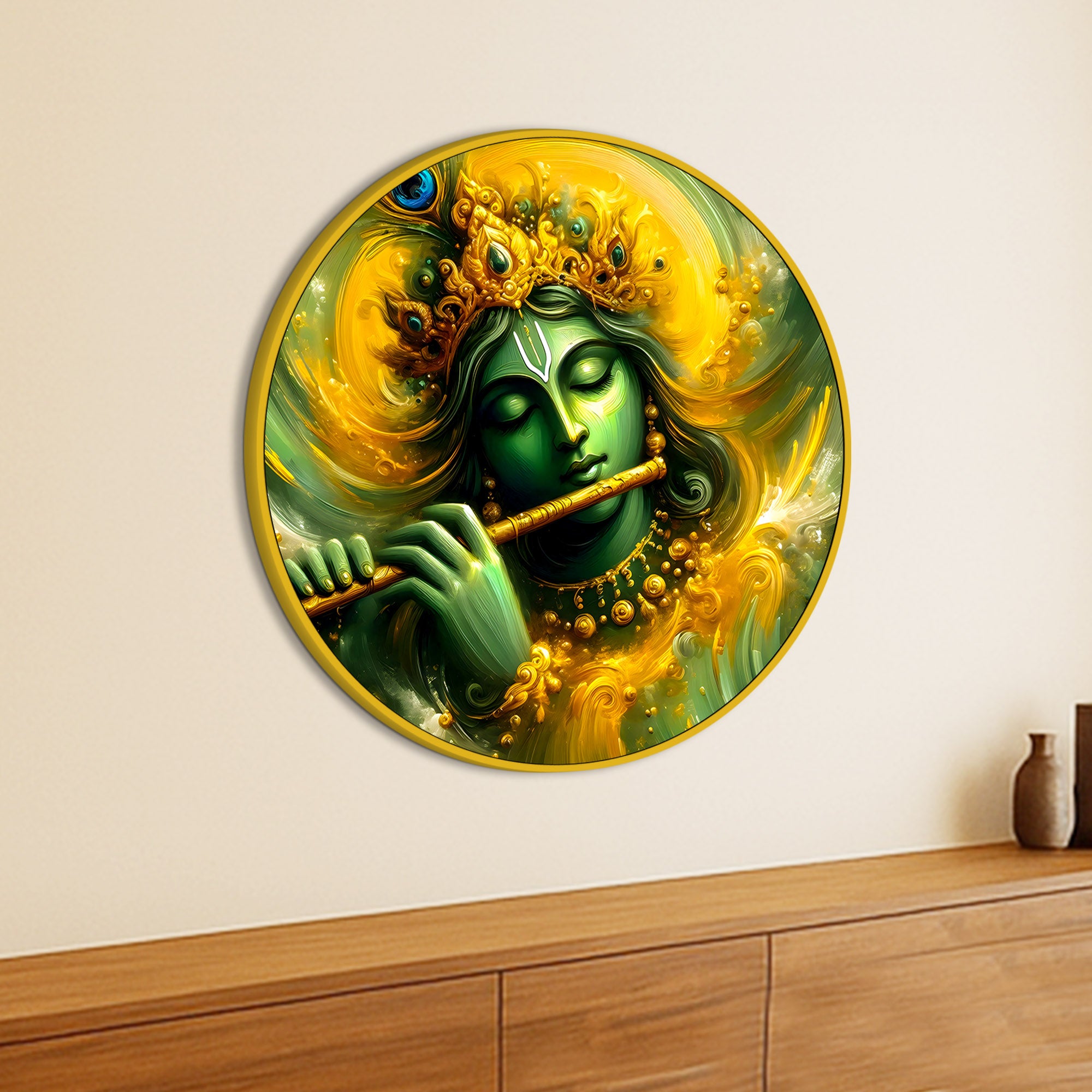 Divine Krishna Playing Music Round Wall Painting