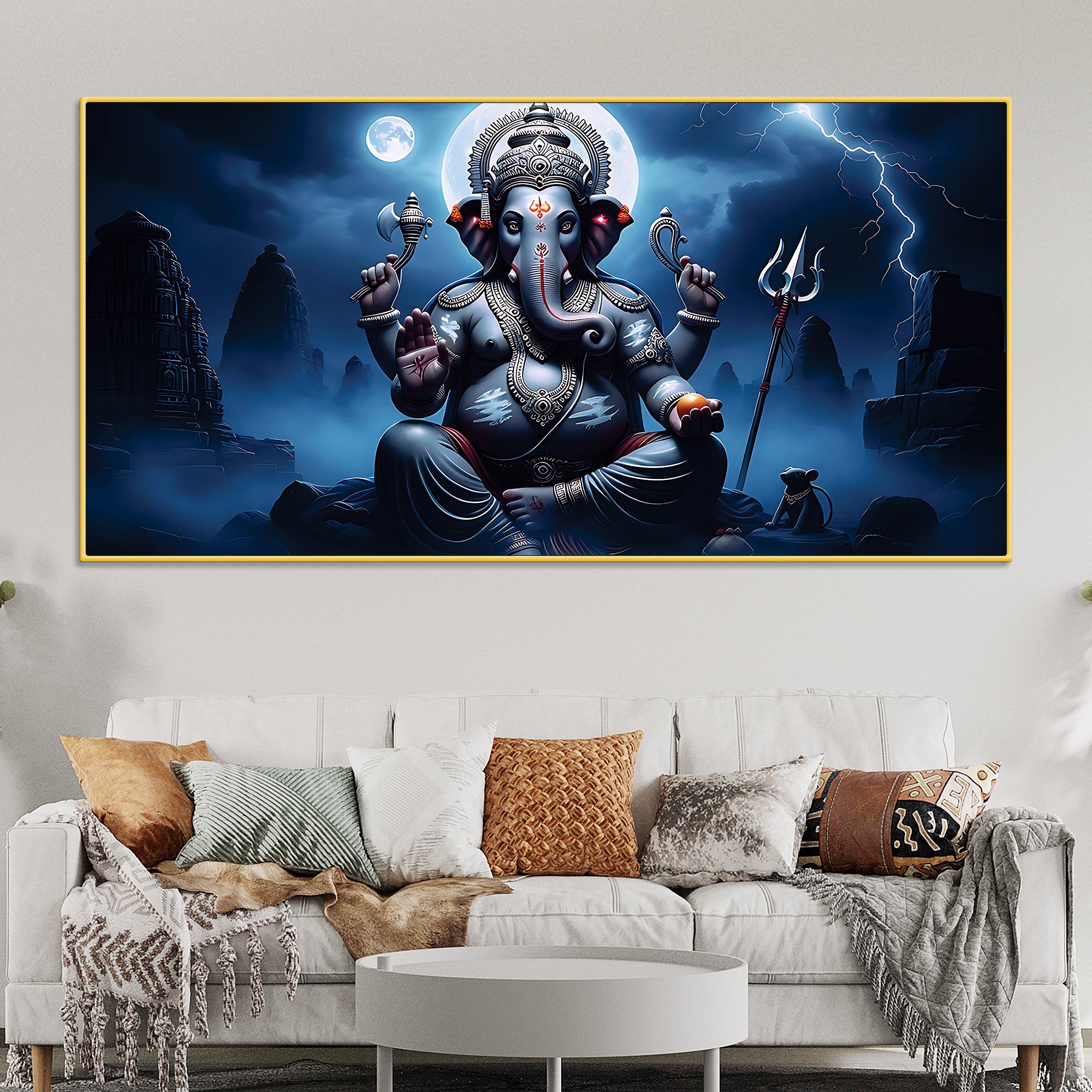 Divine Lord Ganesh with Trishool & Mooshak Dark Theme Canvas Wall painting for Home & Office Decor