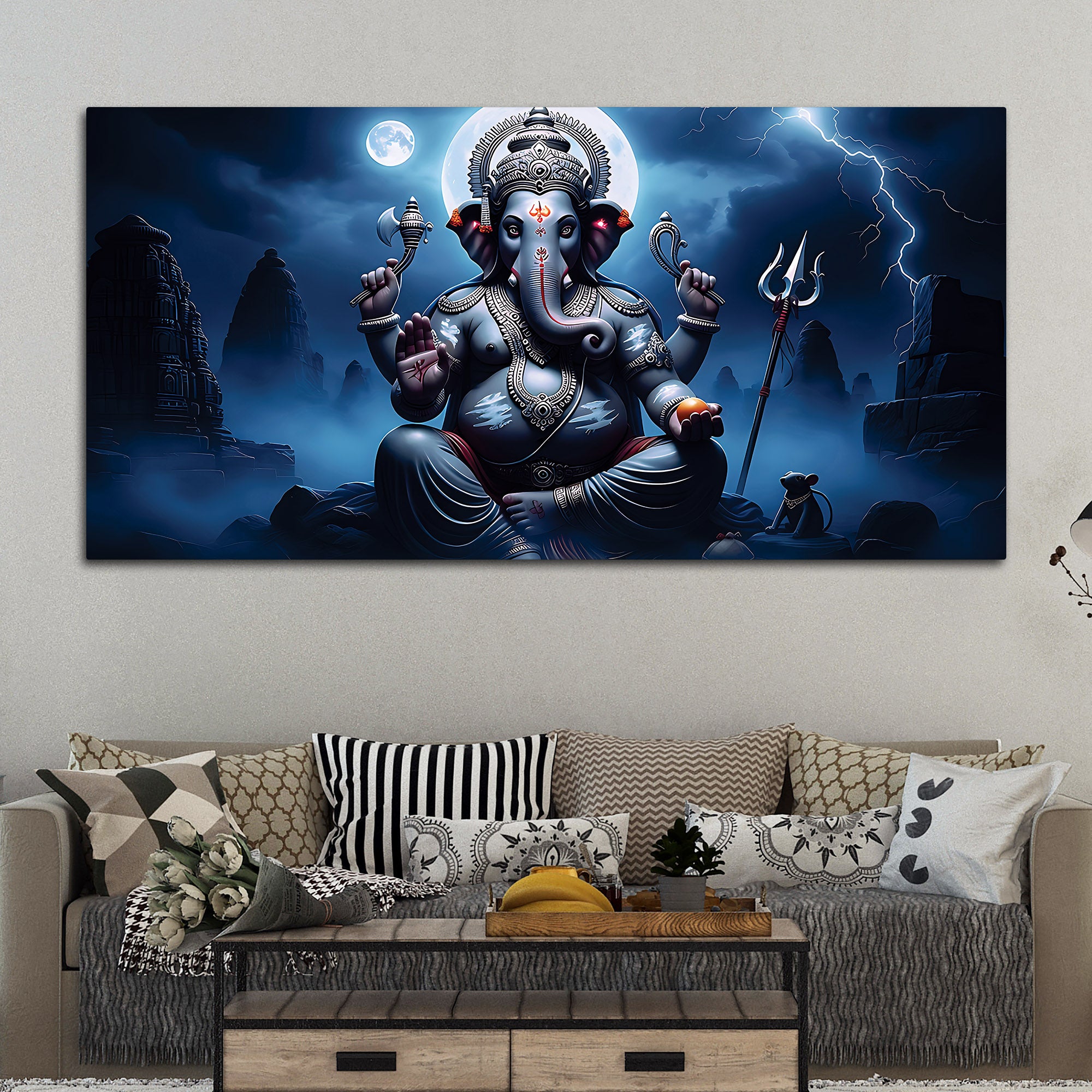 Divine Lord Ganesh with Trishool & Mooshak Dark Theme Canvas Wall painting for Home & Office Decor