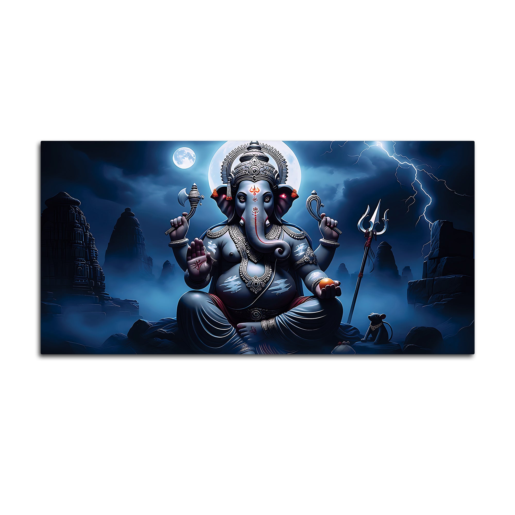 Divine Lord Ganesh with Trishool & Mooshak Dark Theme Canvas Wall painting for Home & Office Decor