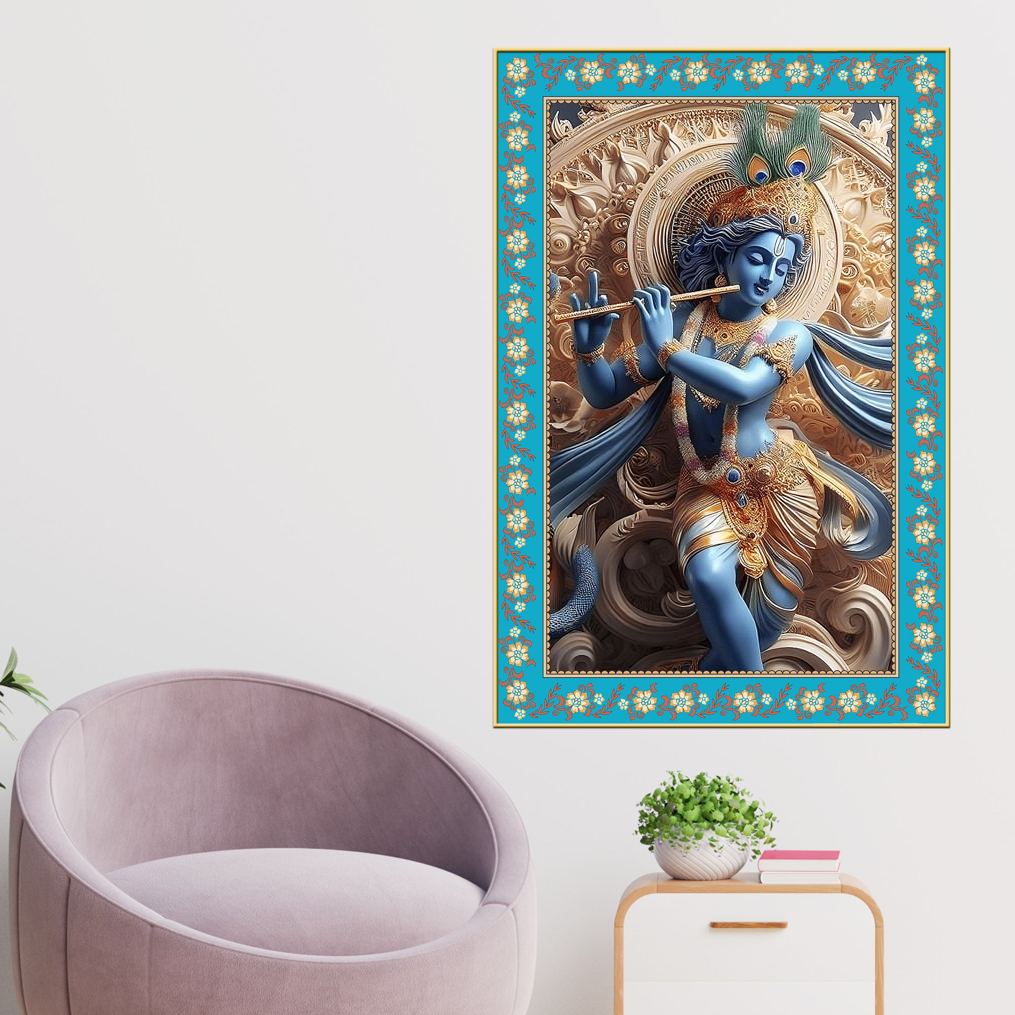 Divine Lord Krishna Floral Border Vertical Canvas Wall Painting