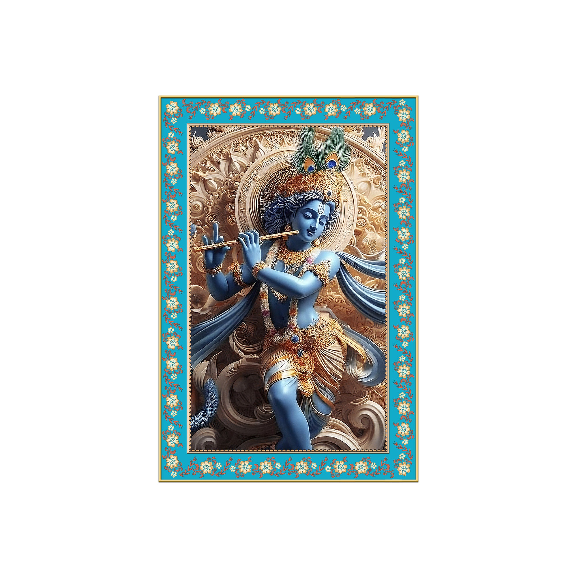 Divine Lord Krishna Floral Border Vertical Canvas Wall Painting