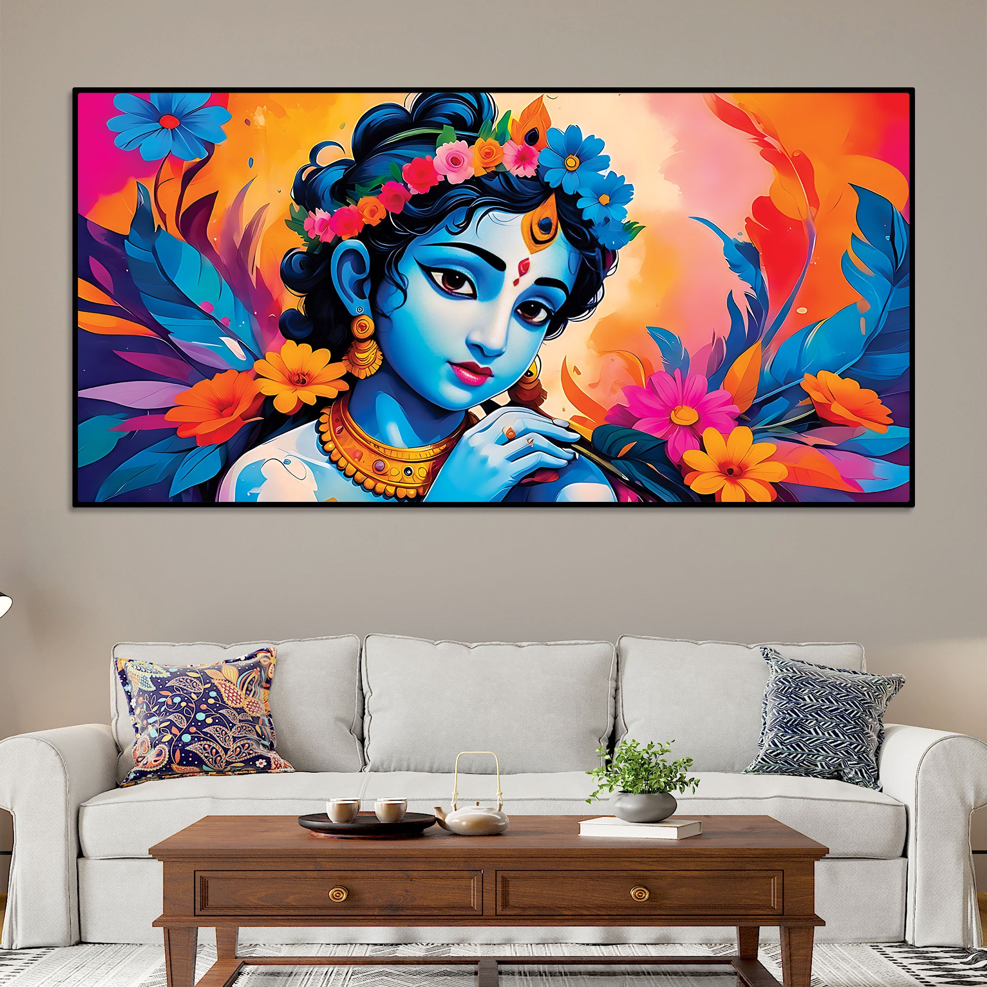 Divine Lord Krishna Floral Canvas Wall Painting for Home Decor
