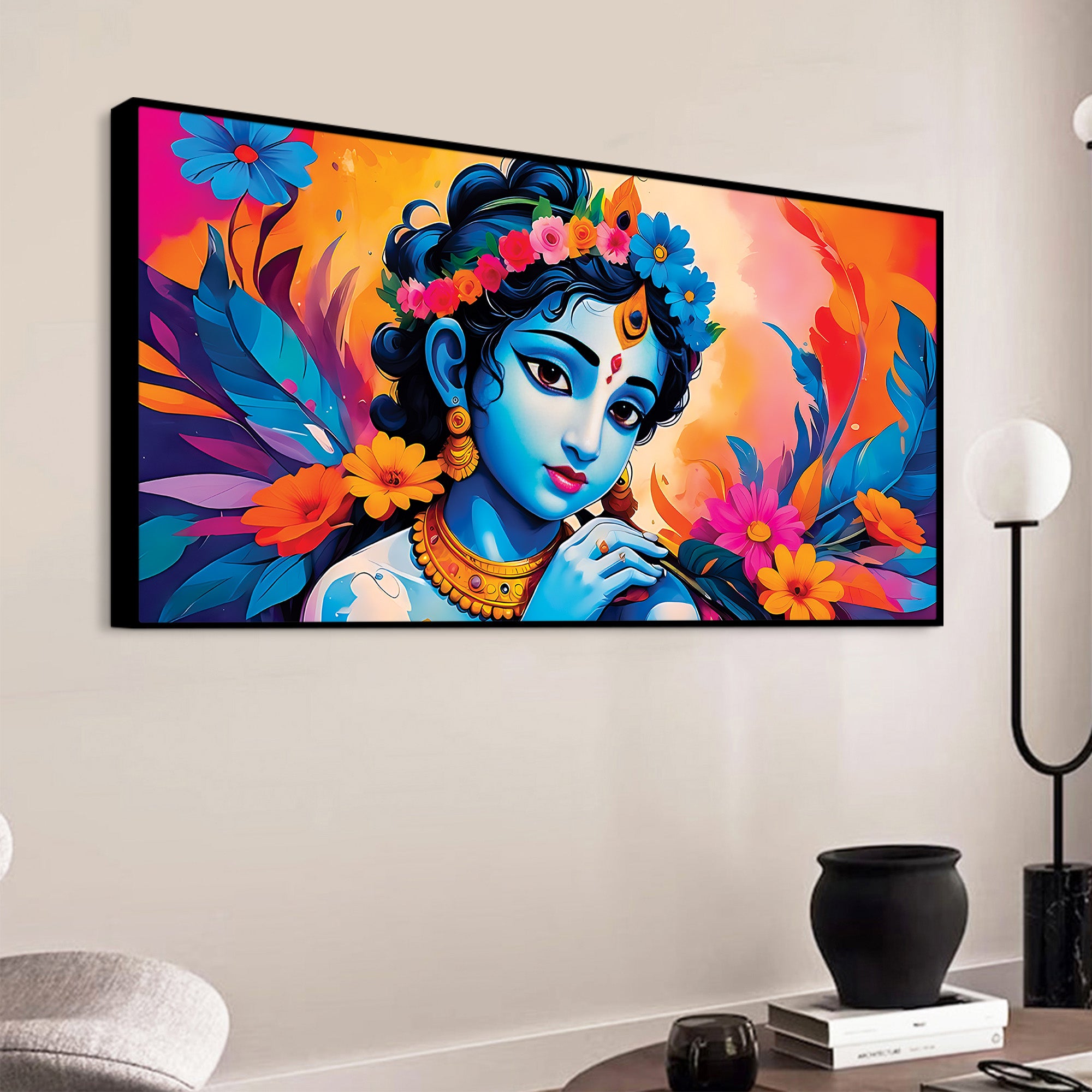 Divine Lord Krishna Floral Canvas Wall Painting for Home Decor