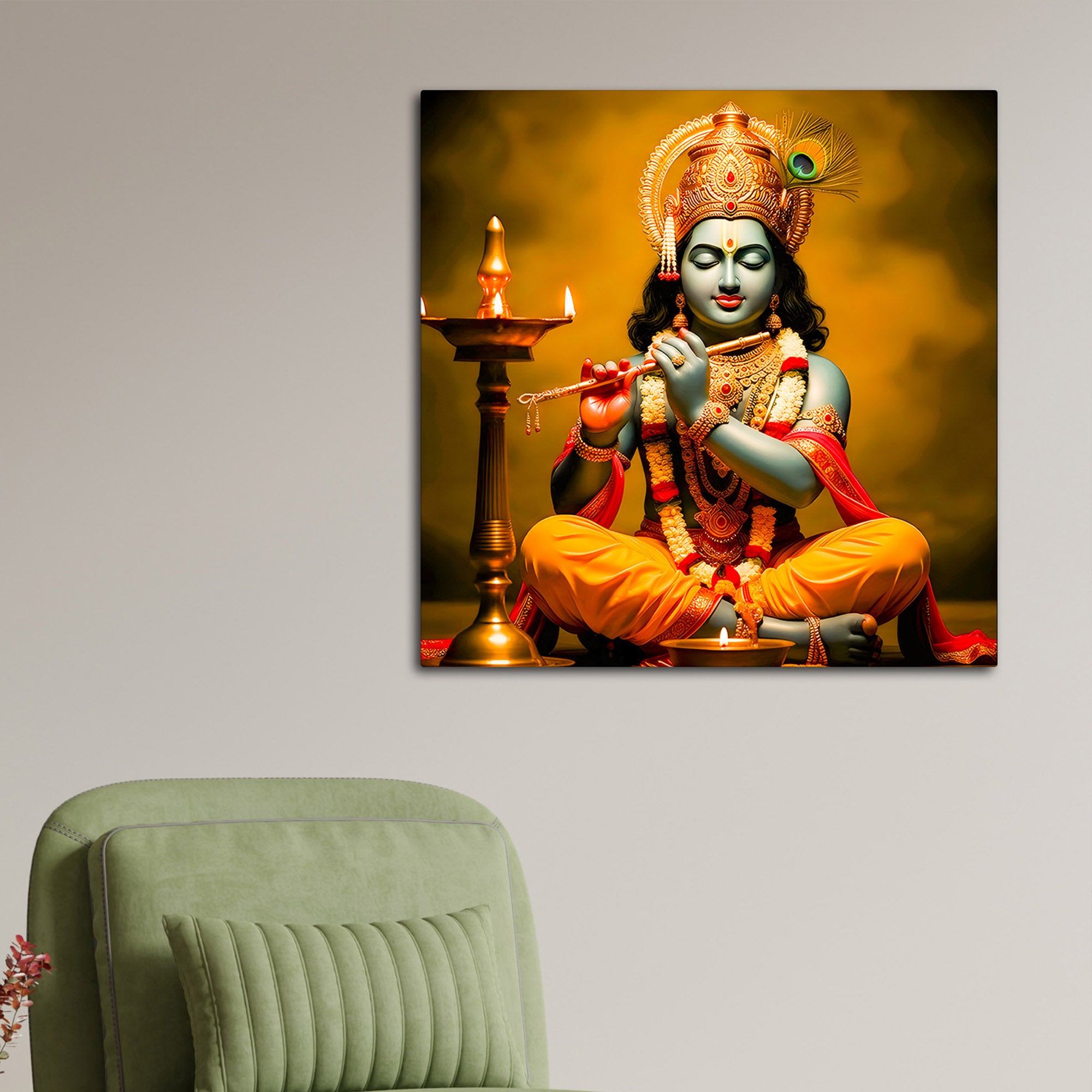 Divine Lord Krishna in Meditation with Flute Canvas Wall Painting