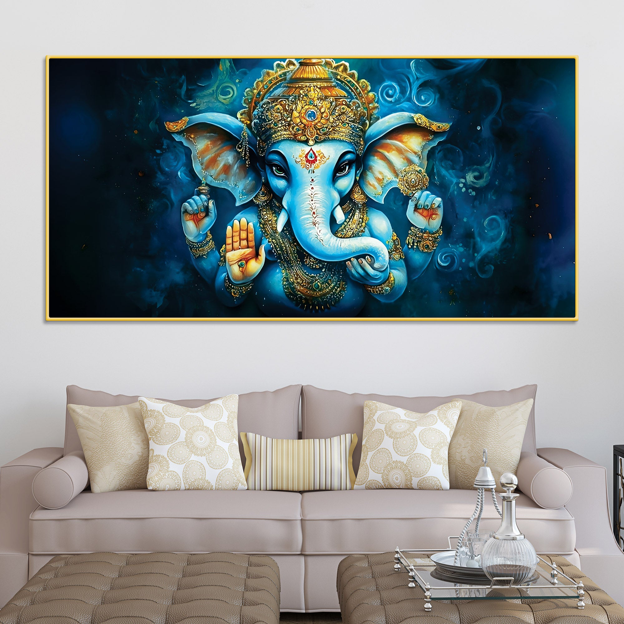 Divine Lord Shri Ganesh Blue & Gold Elegant Canvas Wall Painting for Home & Office – Contemporary Spiritual Wall Art