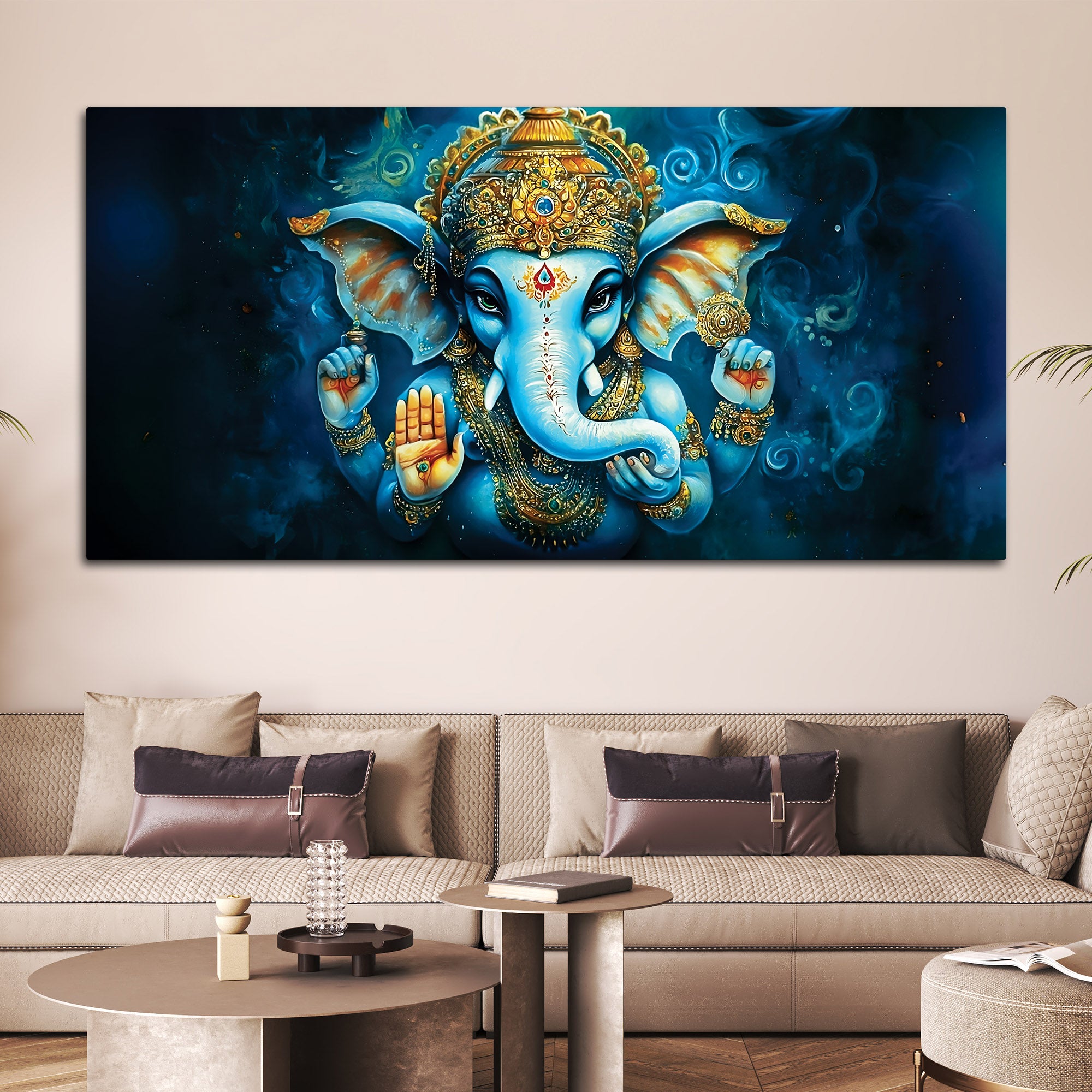 Divine Lord Shri Ganesh Blue & Gold Elegant Canvas Wall Painting for Home & Office – Contemporary Spiritual Wall Art
