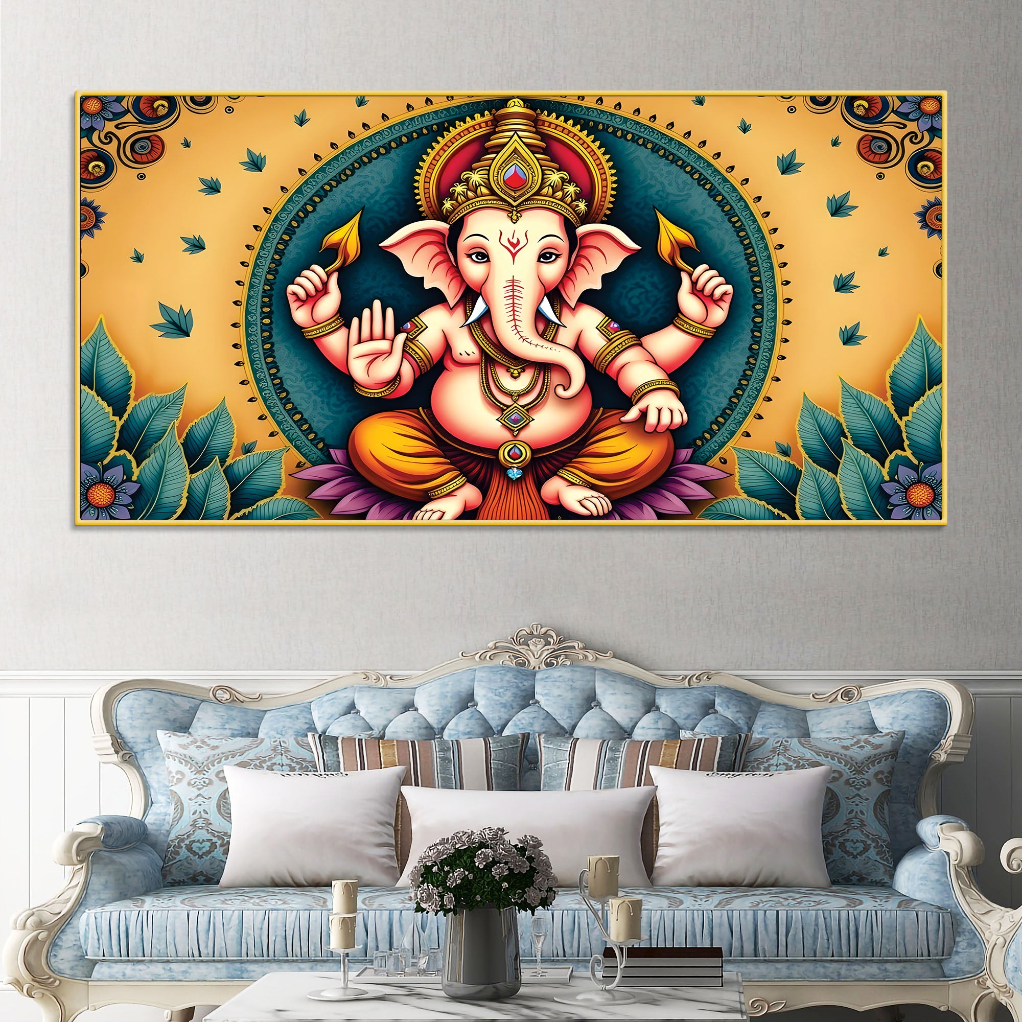 Divine Lord Shri Ganesh Giving Blessing Classic Canvas Wall Painting for Home & Office Decor – Modern Devotional Wall Art