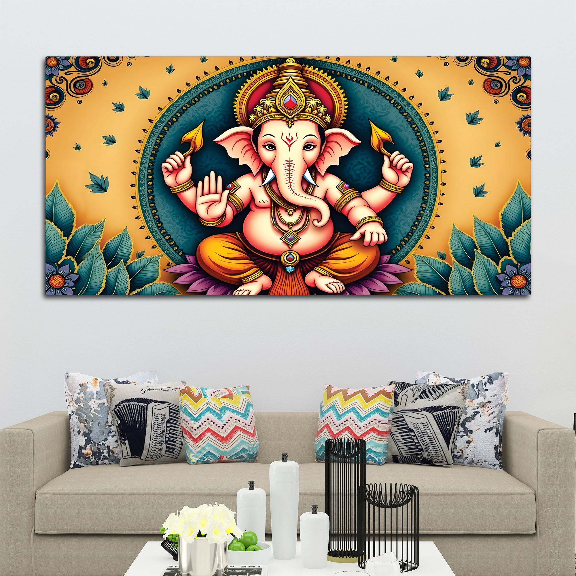 Divine Lord Shri Ganesh Giving Blessing Classic Canvas Wall Painting for Home & Office Decor – Modern Devotional Wall Art